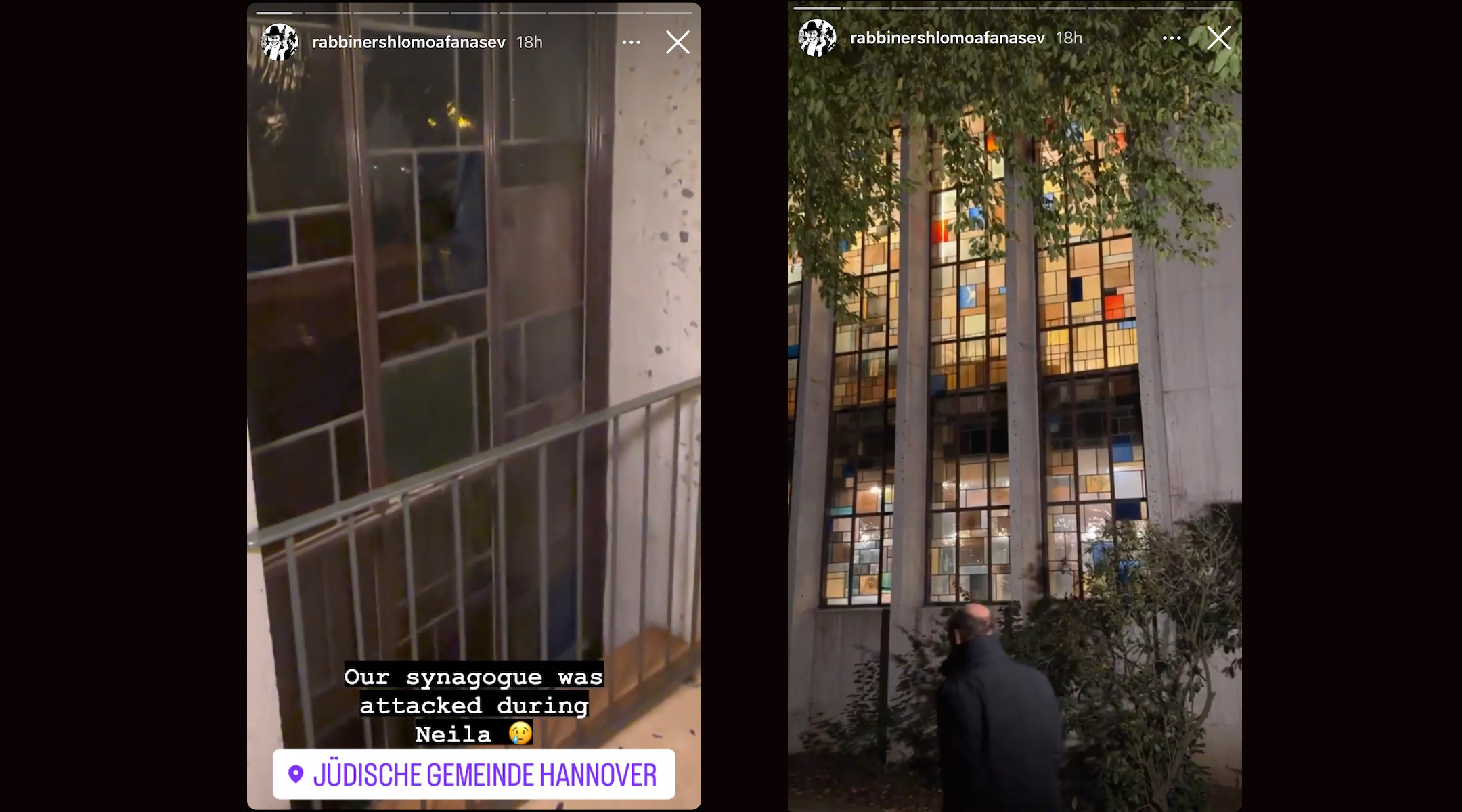 The rabbi of the Jewish community of Hannover, Germany, posted pictures of a broken window he said followed an attack during Yom Kippur services in 2022. (Instagram)