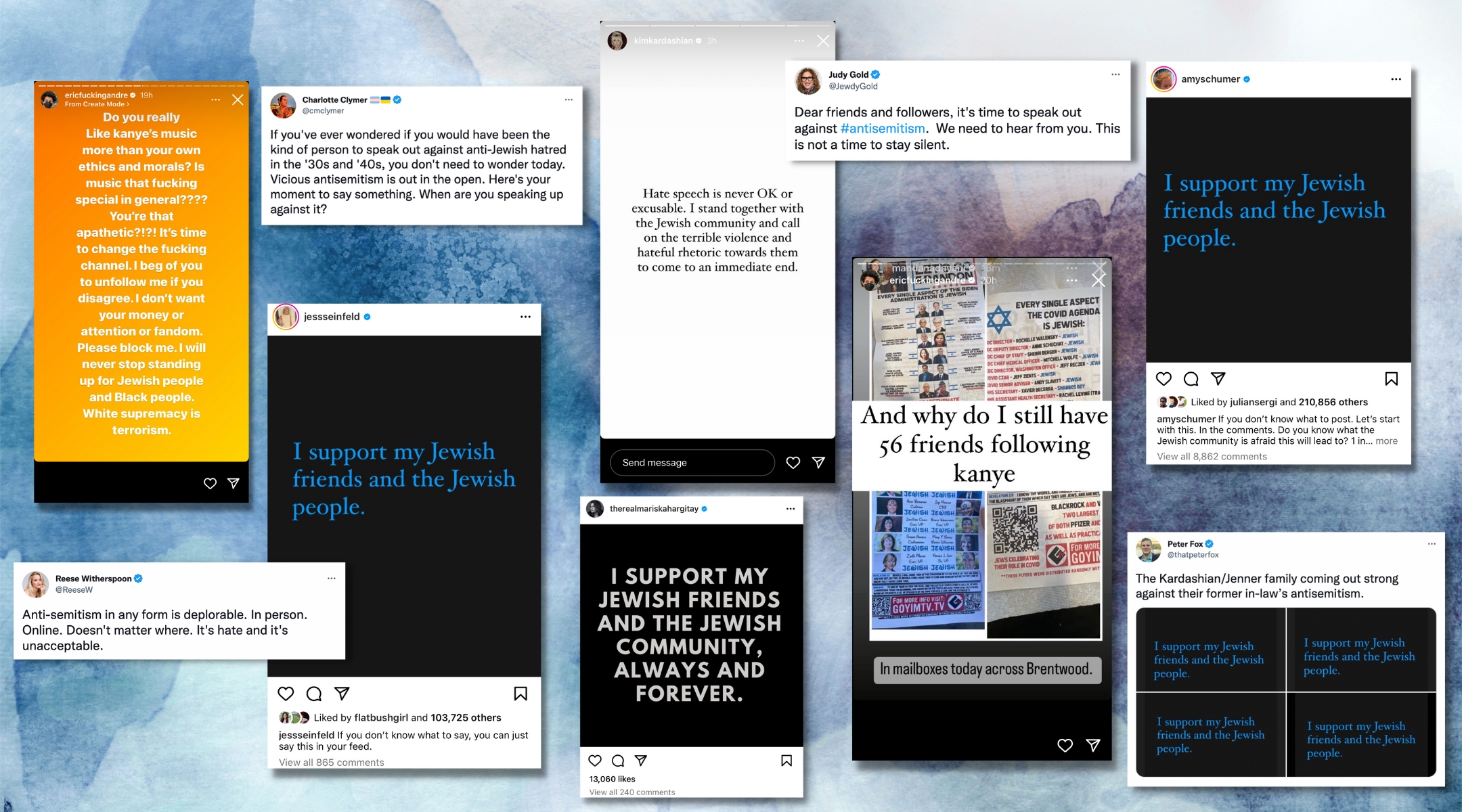 On Sunday and Monday, celebrities shared an Instagram post in solidarity with Jews dealing with antisemitism. (Screenshots via Twitter, Instagram/Design by Jackie Hajdenberg)