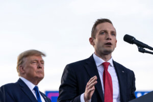 Max Miller, then a Republican candidate for Ohio's 7th congressional district, spoke during a rally hosted by President Trump at the Delaware County Fairgrounds in 2022.