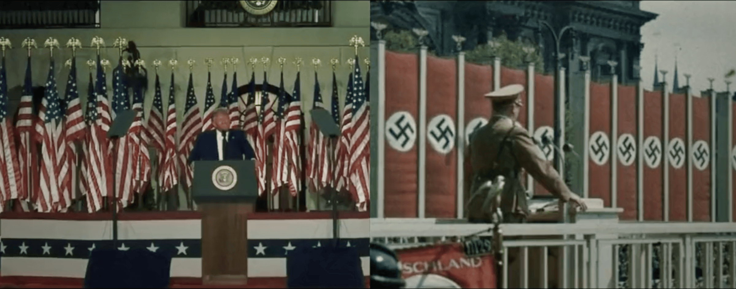A still from a new advertisement by the Jewish Democratic Council of America juxtaposes Republicans, including President Donald Trump, with images from Nazi Germany.