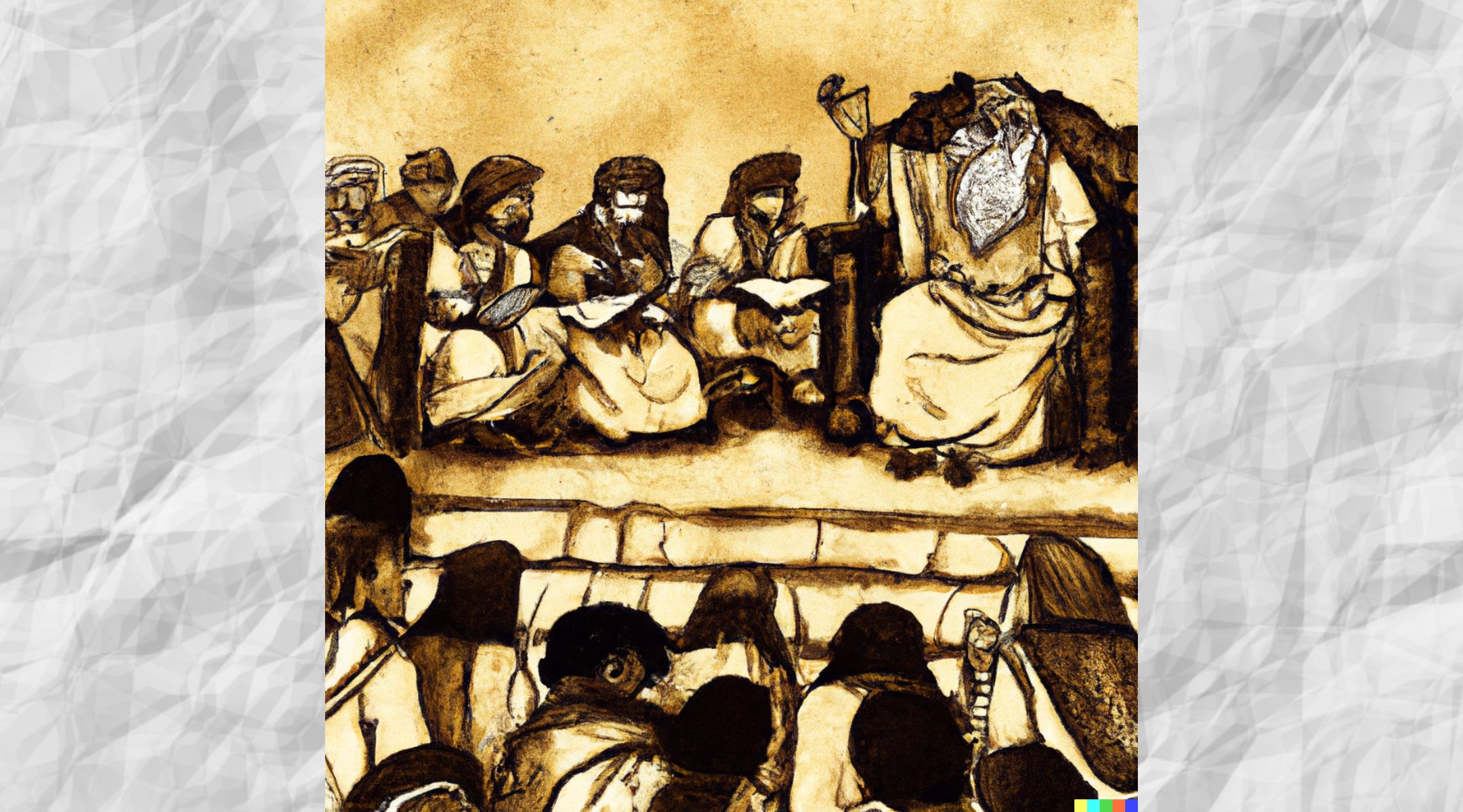 An AI-generated illustration of an ancient king reading the Torah to an assembly of Jewish men, women and children, in keeping with the commandment of hakhel. (Image generated by DALL-E)