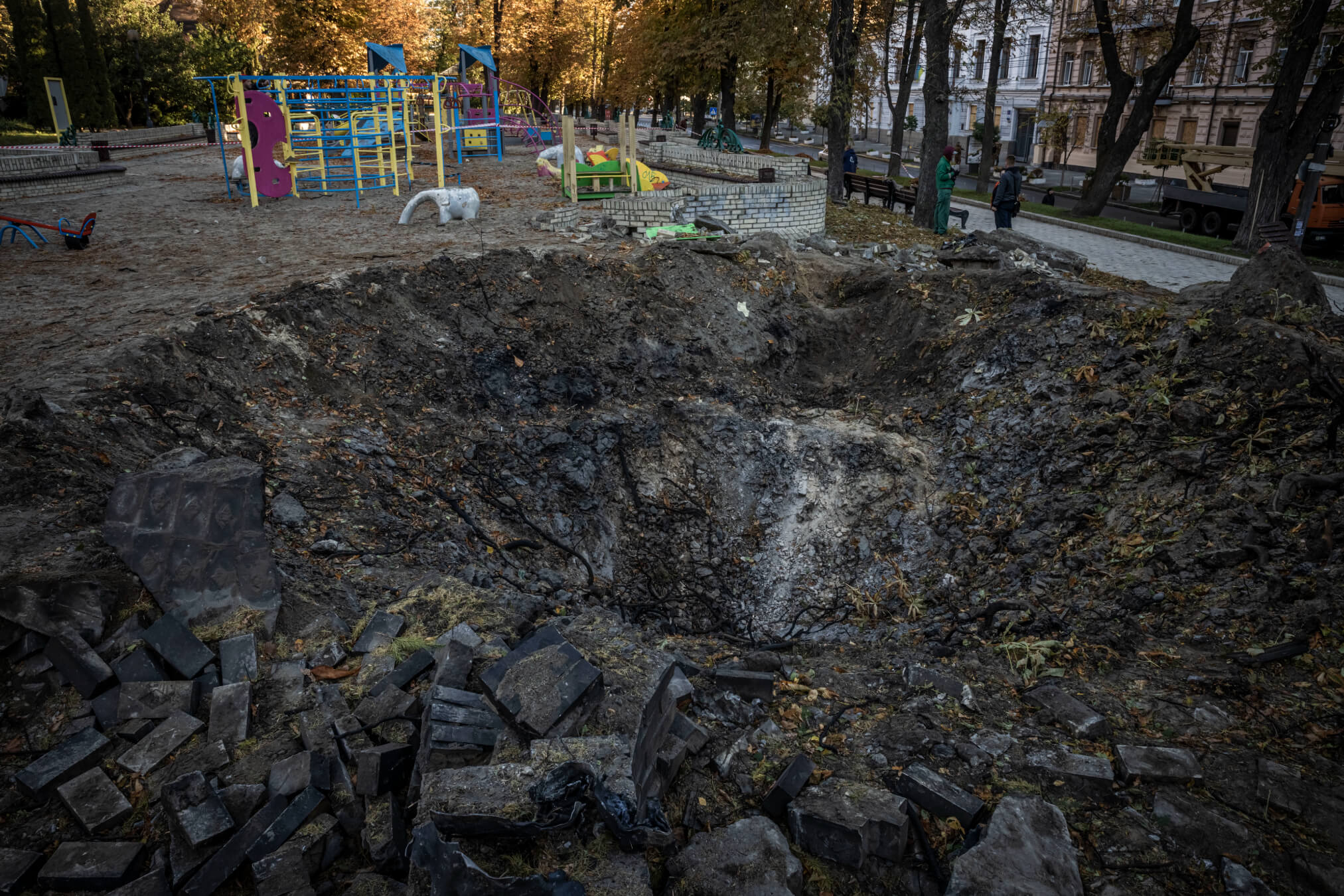 A playground stands near where a Russian missile struck Kyiv on Monday, Oct. 10, 2022, a few blocks from the author's apartment.