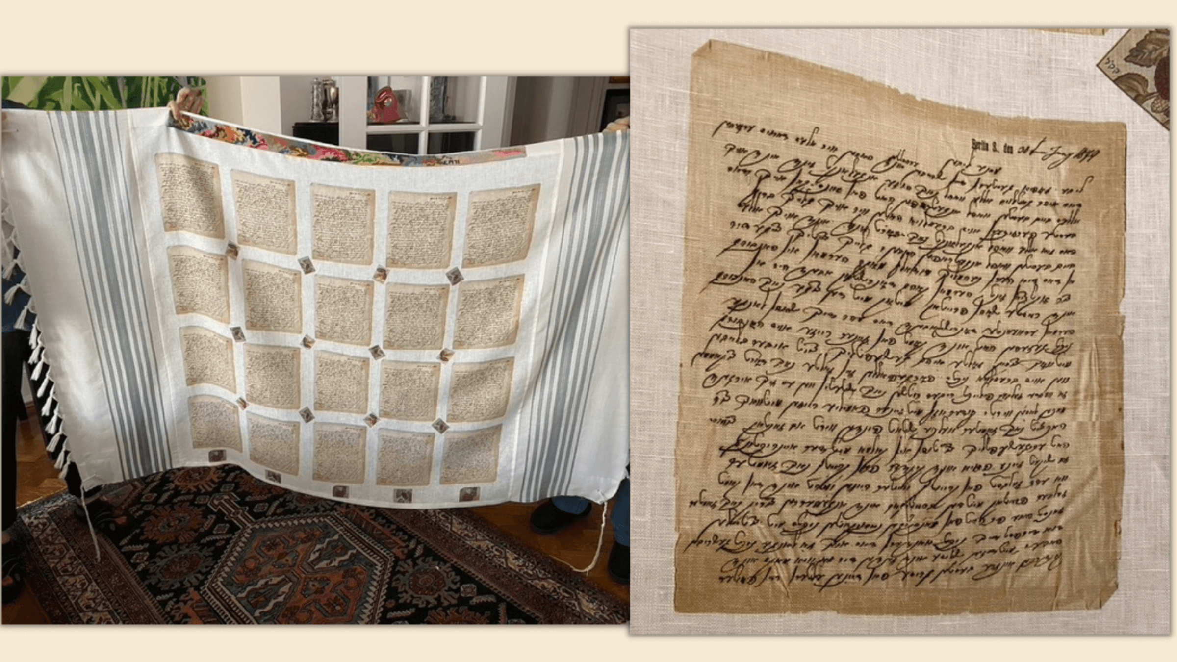 
The tallit, and the original 1879 letter from Simon Freudenheim to his daughter Sophie.