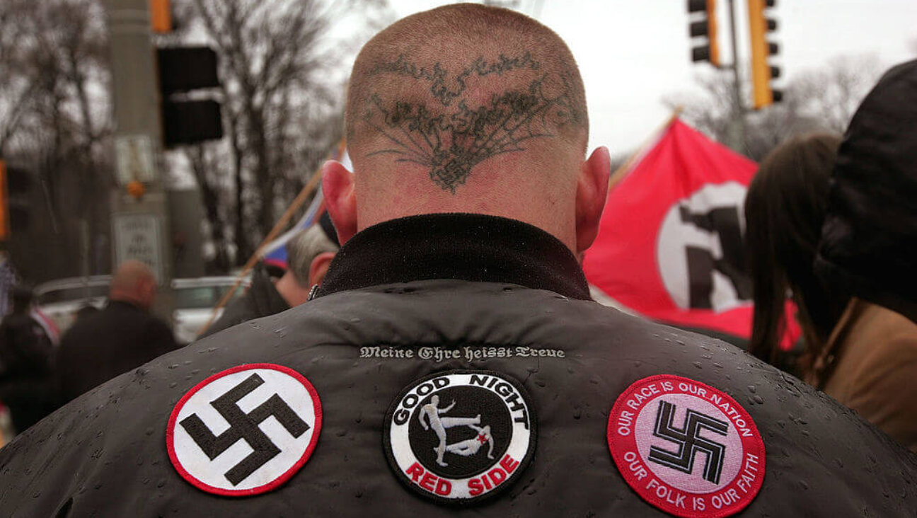 Neo-Nazi protestors organized by the National Socialist Movement demonstrate near the grand opening ceremonies for the Illinois Holocaust Museum & Education Center April 19, 2009, in Skokie, Illinois. 