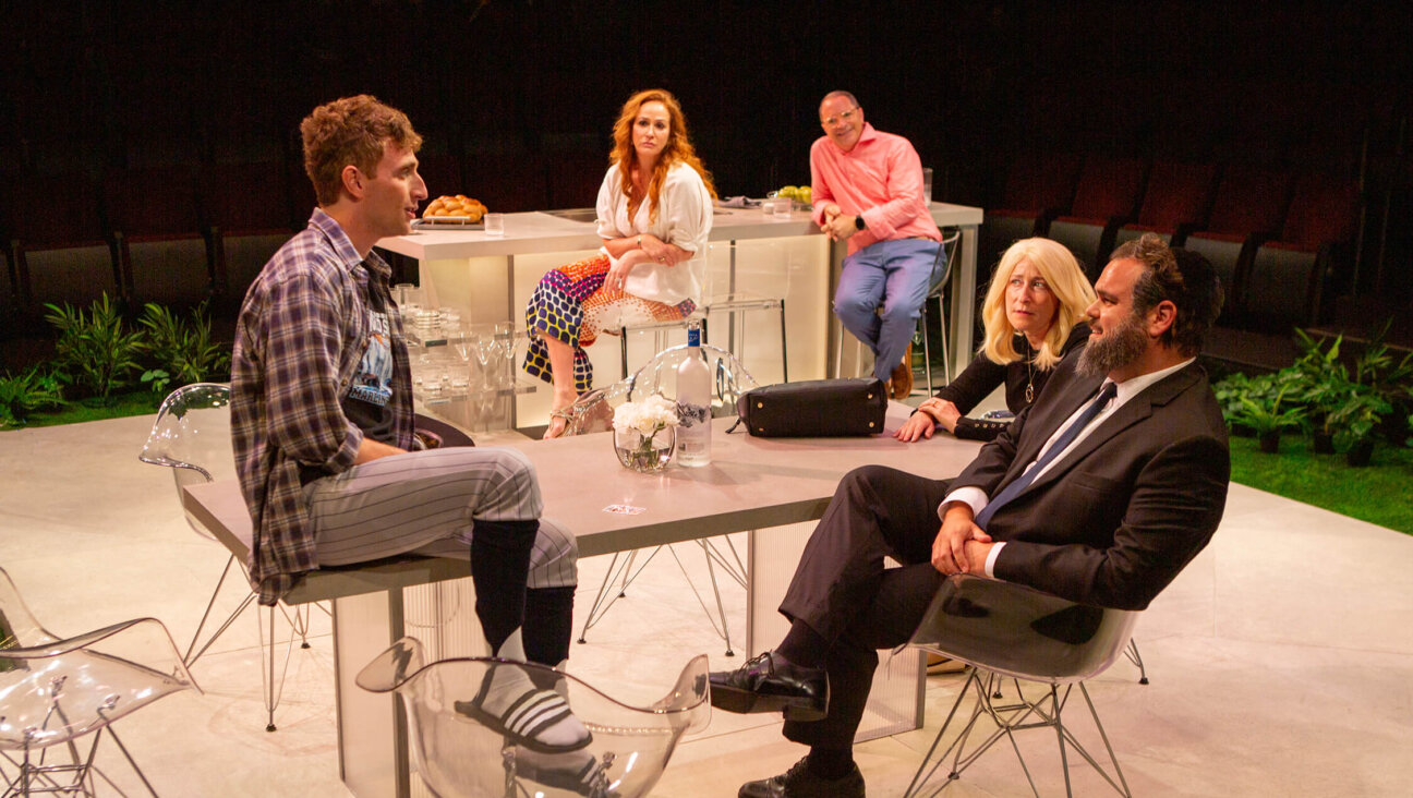 (from left) Nathan Salstone as Trevor, Rebecca Creskoff as Debbie, Joshua Malina as Phil, Sophie von Haselberg as Lauren, and Greg Hildreth as Mark in "What We Talk About When We Talk About Anne Frank." 