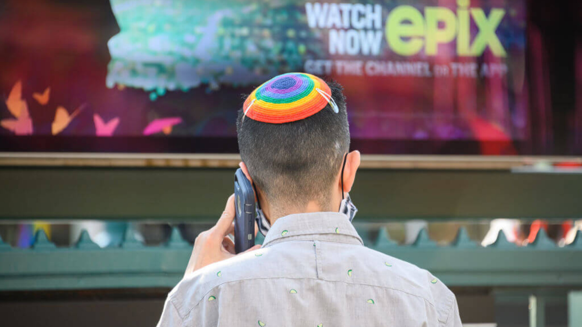 A person wears a pride-themed yarmulke in the West Village on June 26, 2020 in New York City. 