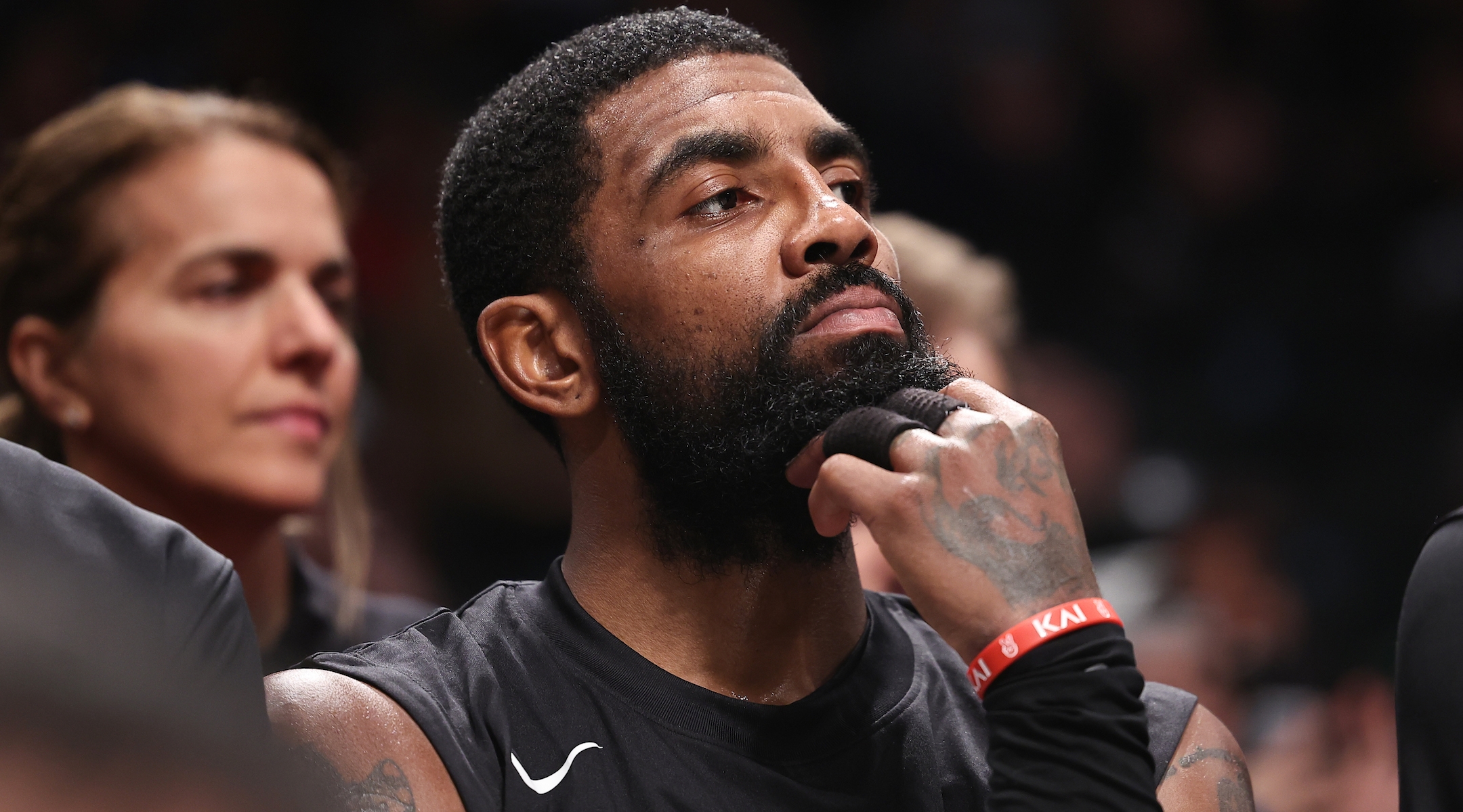 Kyrie Irving looks on from the bench during a game against the Indiana Pacers at the Barclays Center in Brooklyn, Oct. 31, 2022 (Dustin Satloff/Getty Images)