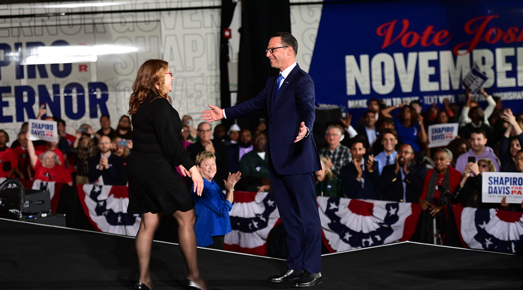 Democratic gubernatorial nominee Josh Shapiro greets his wife, Lori Shapiro, during an election night event in Philadelphia, Nov. 8, 2022. (Mark Makela/Getty Images)
