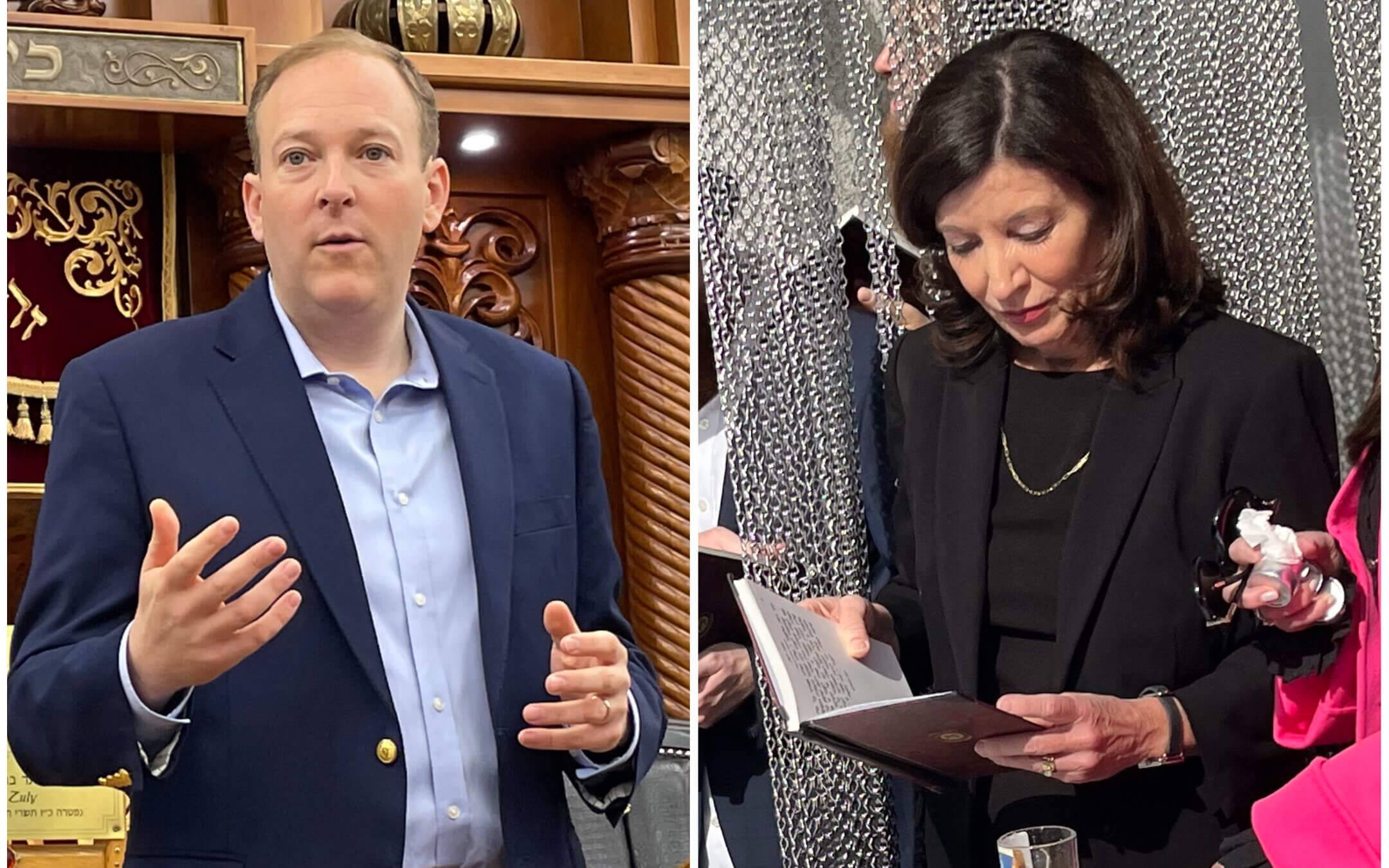 From left, Rep. Lee Zeldin addresses Orthodox congregants; his Democratic opponent in the New York governor's race, incumbent Gov. Kathy Hochul, prays at the gravesite of the Lubavitcher rebbe.