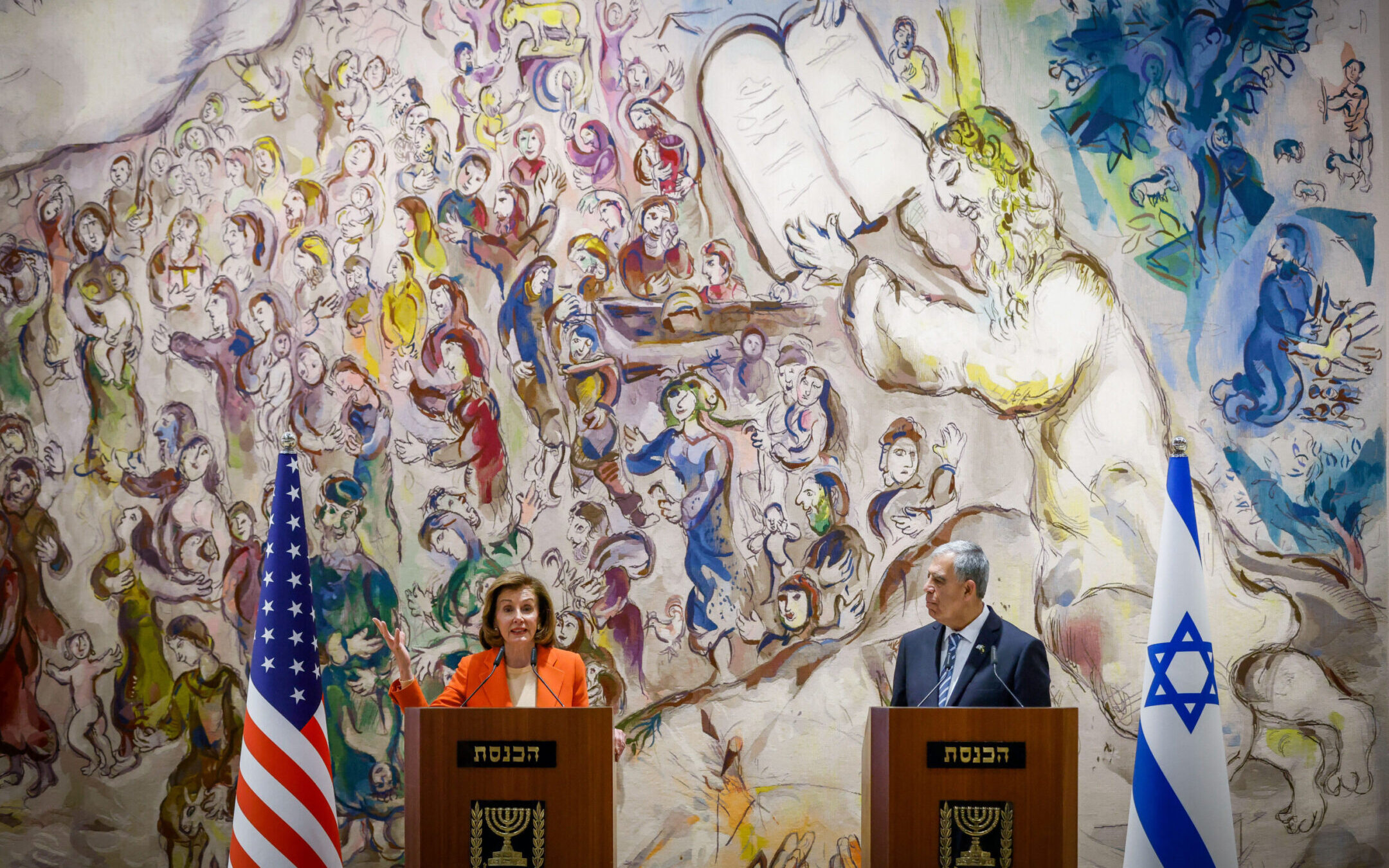 US Speaker of the House Nancy Pelosi with Knesset Speaker Mickey Levy during a joint statement at the Knesset, the Israeli Parliament in Jerusalem, Feb. 16, 2022. (Olivier Fitoussi/Flash90)