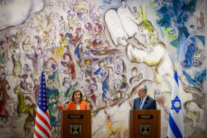 US Speaker of the House Nancy Pelosi with Knesset Speaker Mickey Levy during a joint statement at the Knesset, the Israeli Parliament in Jerusalem, Feb. 16, 2022.