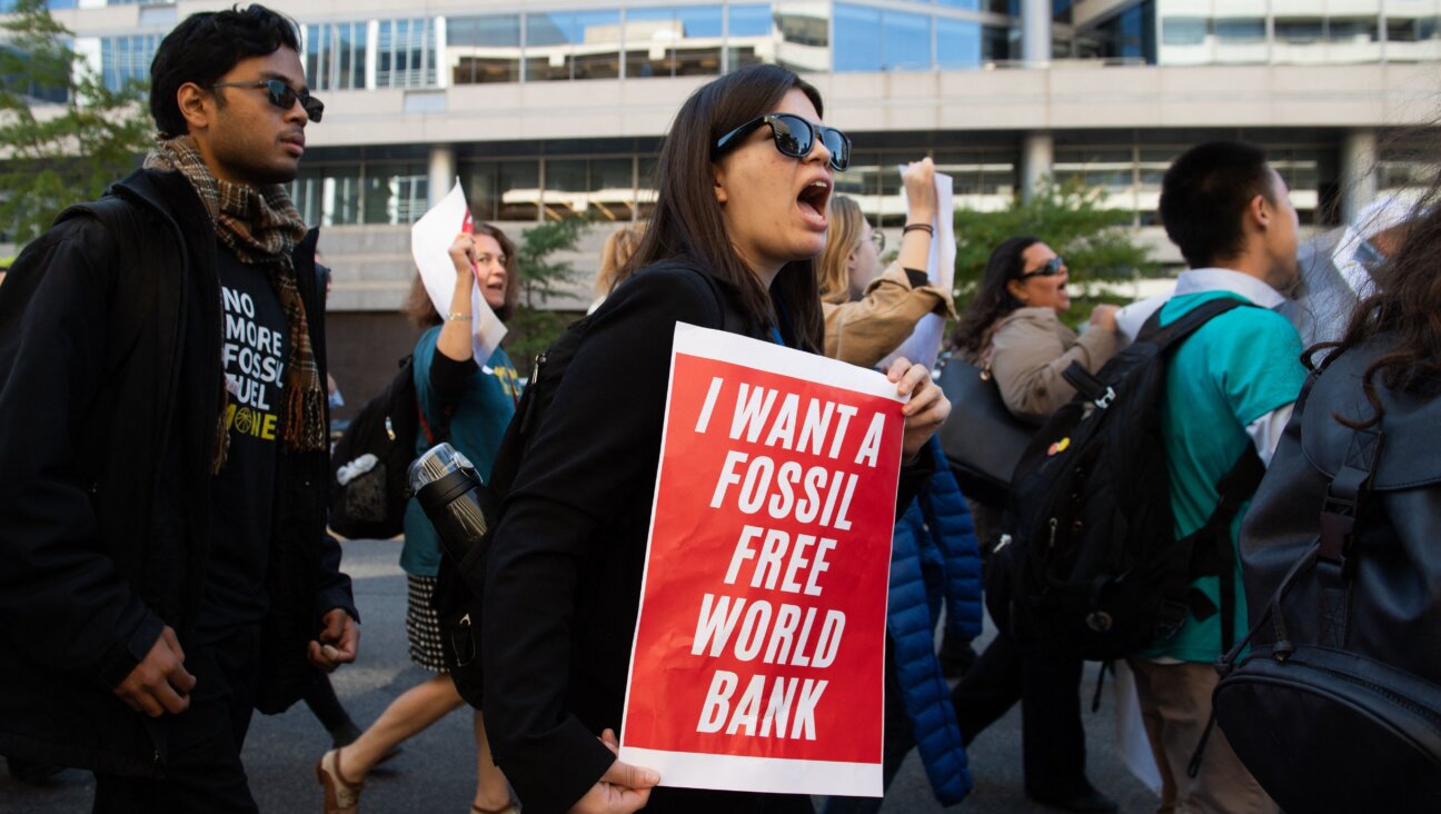 Demonstrators in 2019 in Washington, D.C., protest the IMF and World Bank's investments in fossil fuels. Activists are increasingly calling on investors and financial institutions to prioritize environmental and other social concerns, which has alarmed some Jewish organizations because of the perceived risk that approach poses toward Israel.