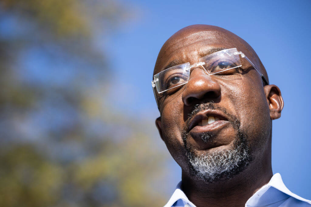 Senator Raphael Warnock, a Democrat from Georgia, speaks during an election day campaign event on Nov. 8, 2022. 