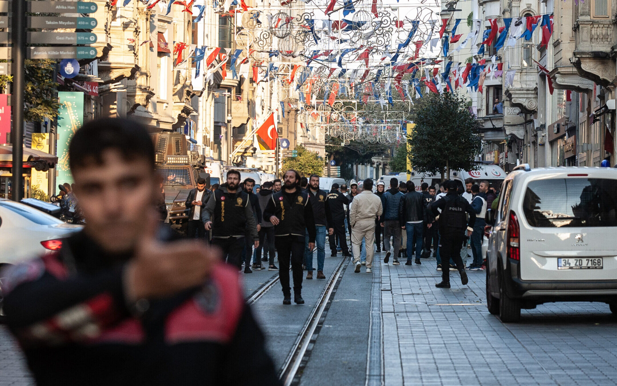 Emergency personnel investigate the scene after an explosion occurred on Istiklal street, a busy pedestrian thoroughfare in Istanbul, Turkey, Nov. 13, 2022.(Burak Kara/Getty Images)