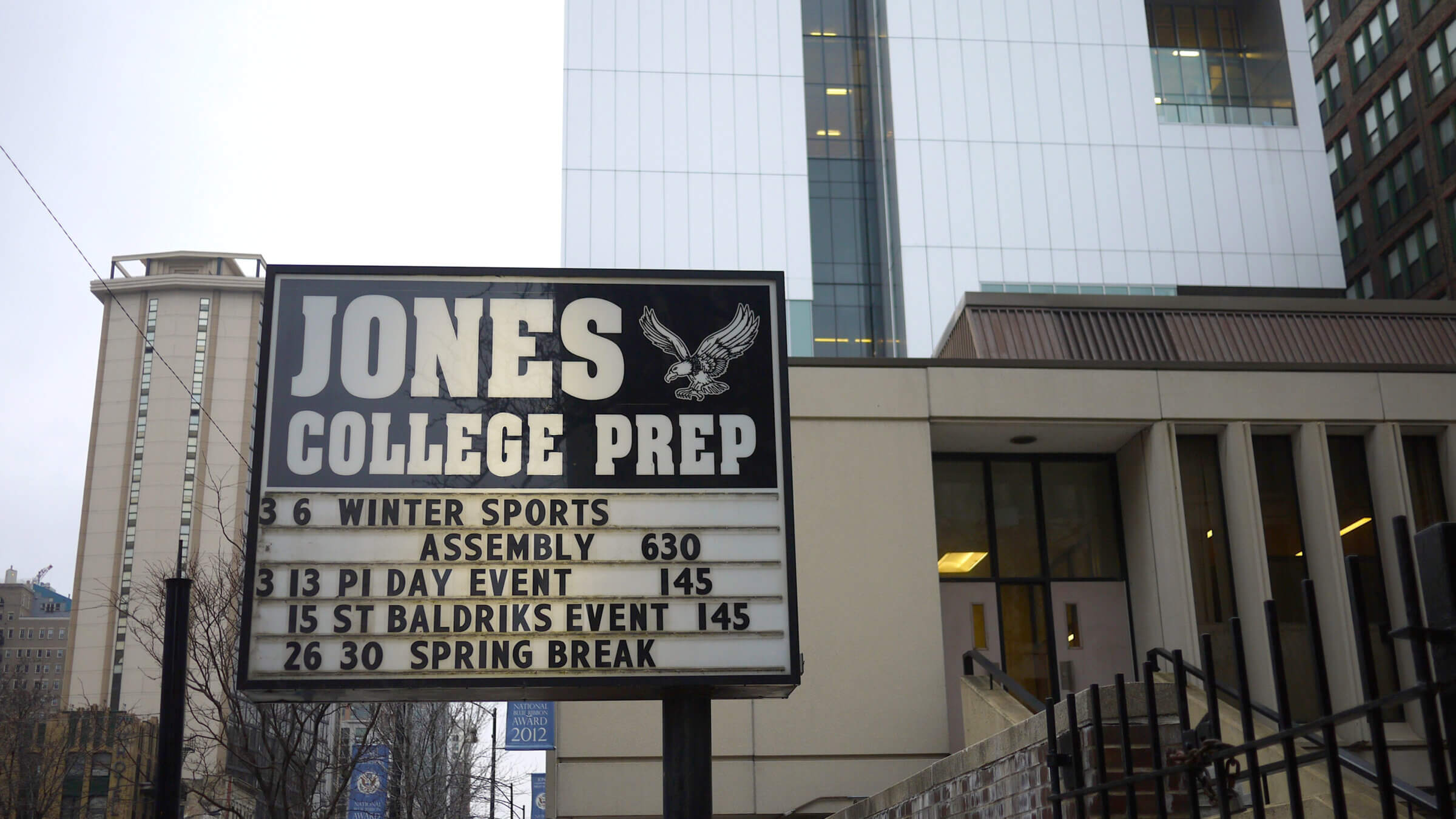 View of the sign outside Jones College Prep in the Printer’s Row neighborhood, Chicago, Feb. 28, 2018.