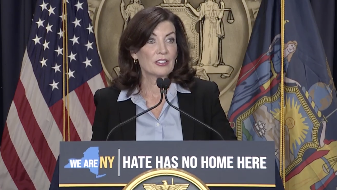 New York Gov. Kathy Hochul speaks about hate crime prevention on Nov. 22, 2022. 