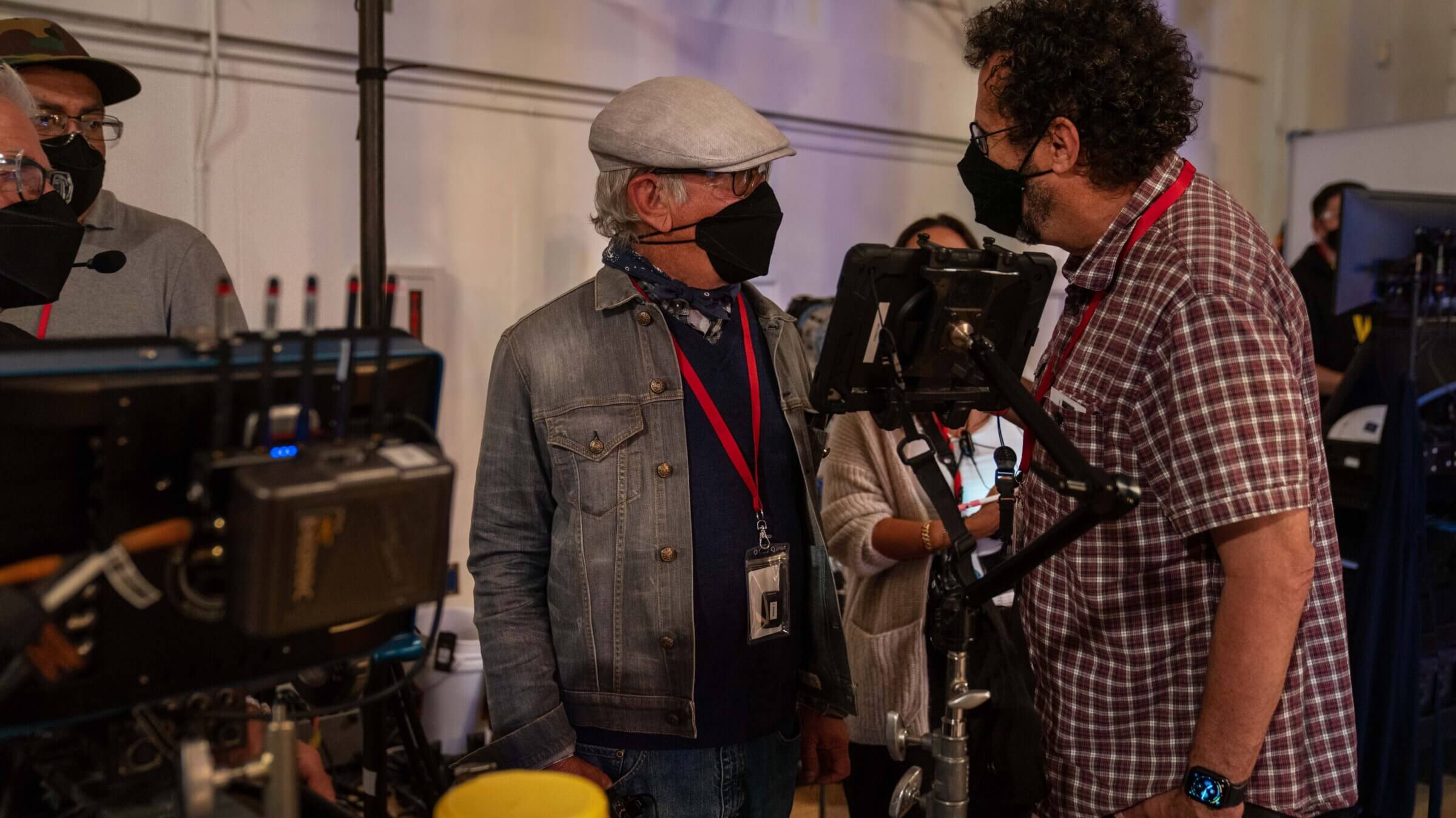 Steven Spielberg and Tony Kushner confer on the set of <i>The Fabelmans.</i>