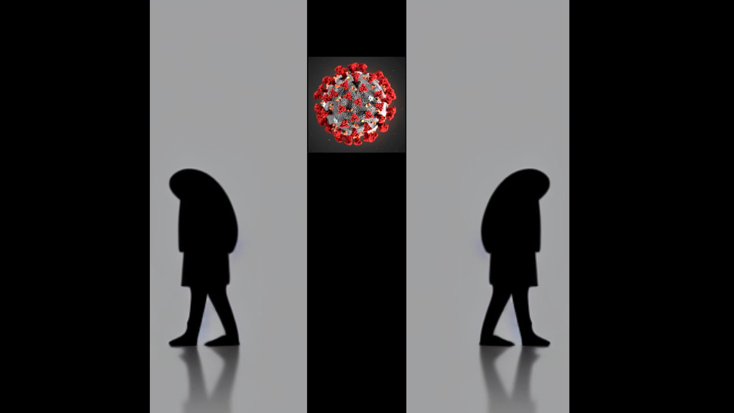 Two human figures walk away from each other, with the COVID virus between them.