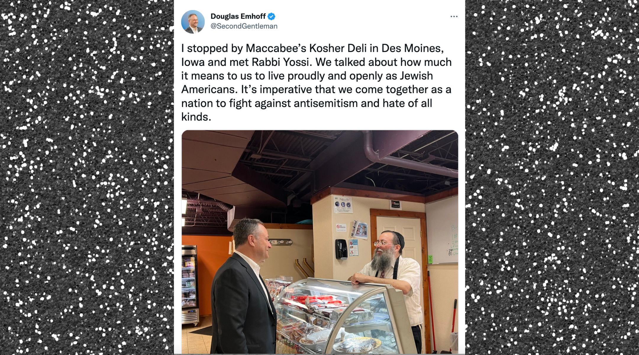 Second Gentleman Doug Emhoff tweeted about his visit to Maccabee’s Kosher Deli in Iowa City, Nov. 6, 2022. (Screenshot from Twitter)