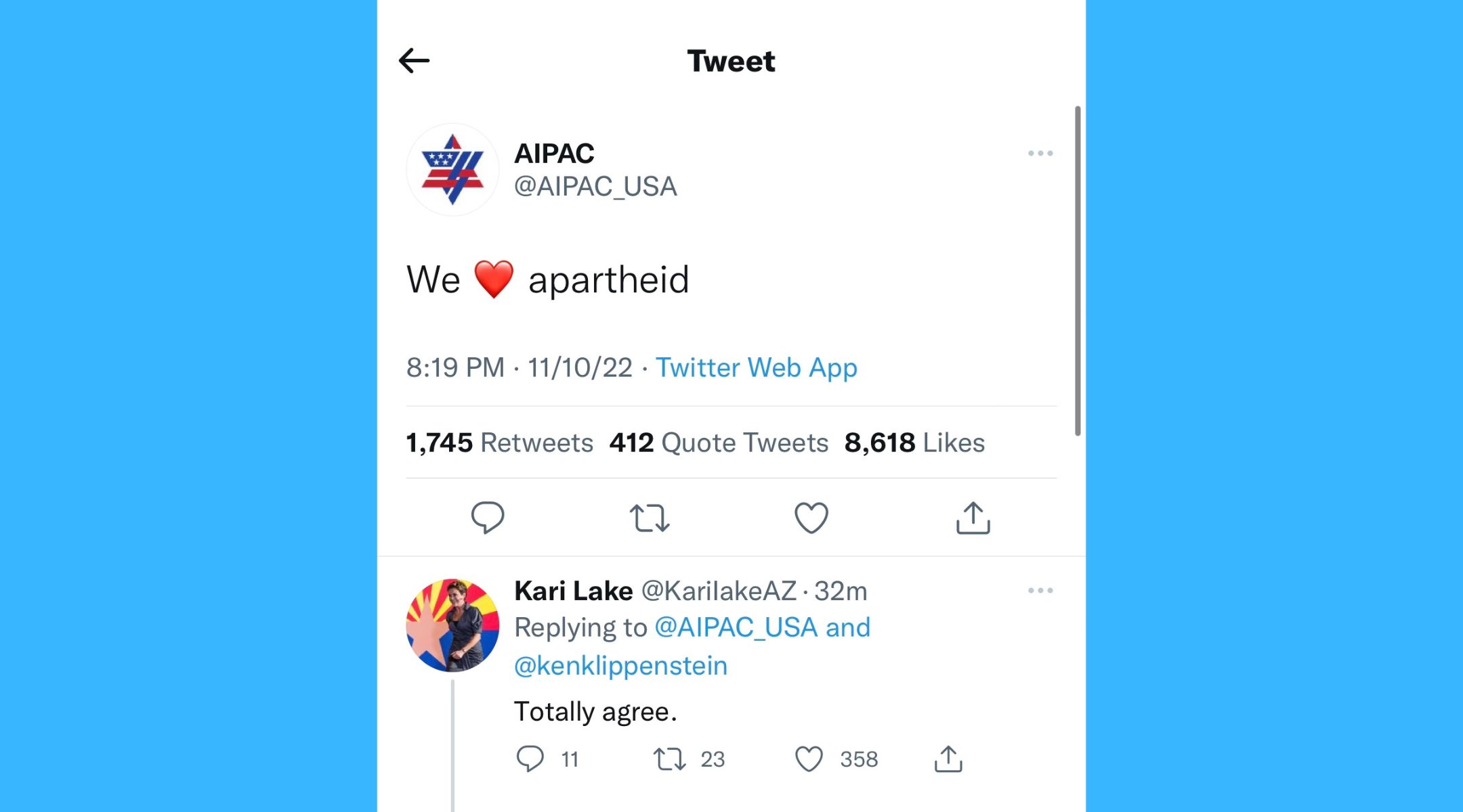 A tweet from an account impersonating AIPAC was online for hours Thursday night, in one of many signs of Twitter’s chaos since its acquisition by Elon Musk. (Screenshot)