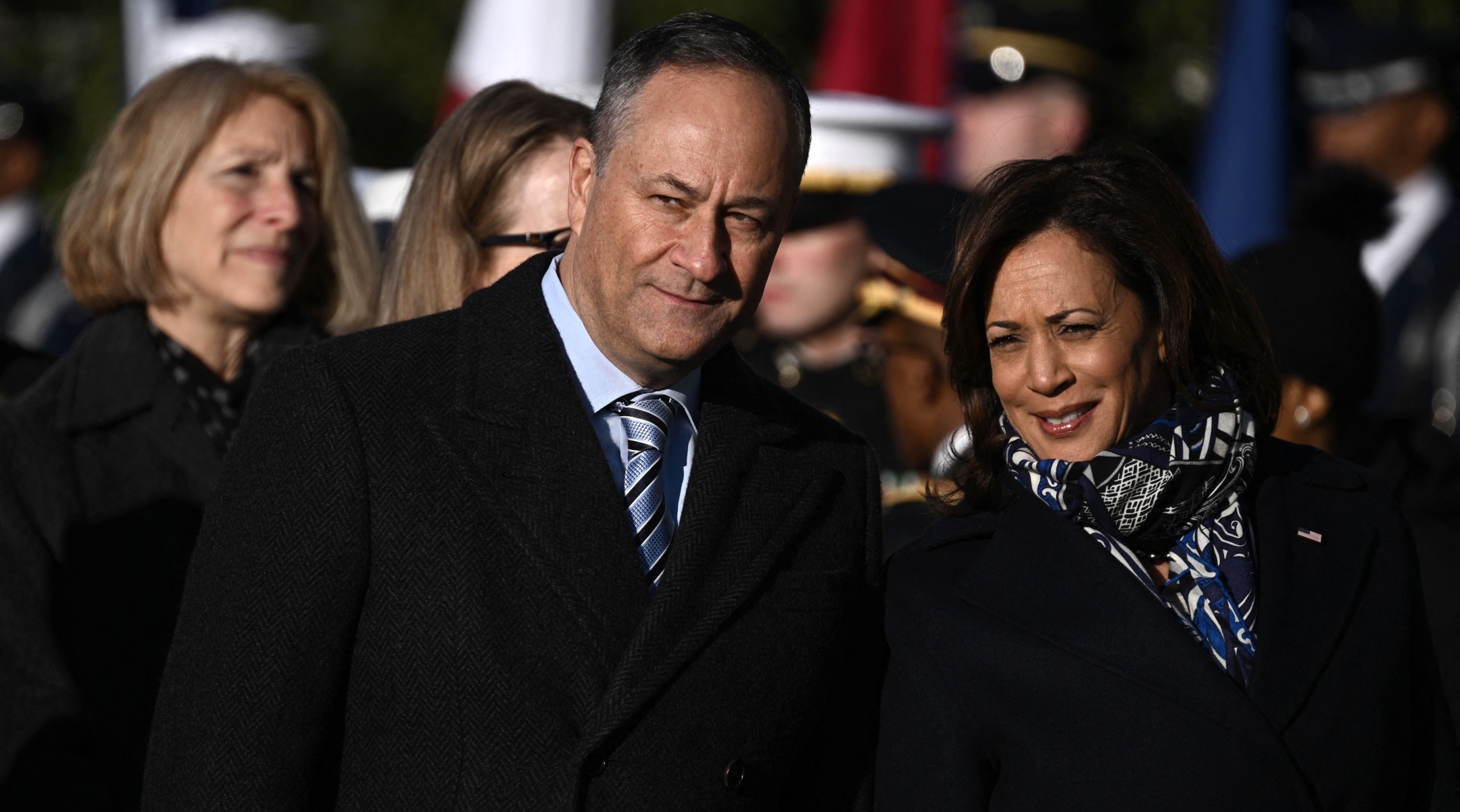 US Vice President Kamala Harris and Second Gentleman Doug Emhoff wait for the welcoming ceremony for French President Emmanuel Macron and his wife Brigitte Macron at the White House, Dec. 1, 2022. (Brendan Smialowski/AFP via Getty Images)