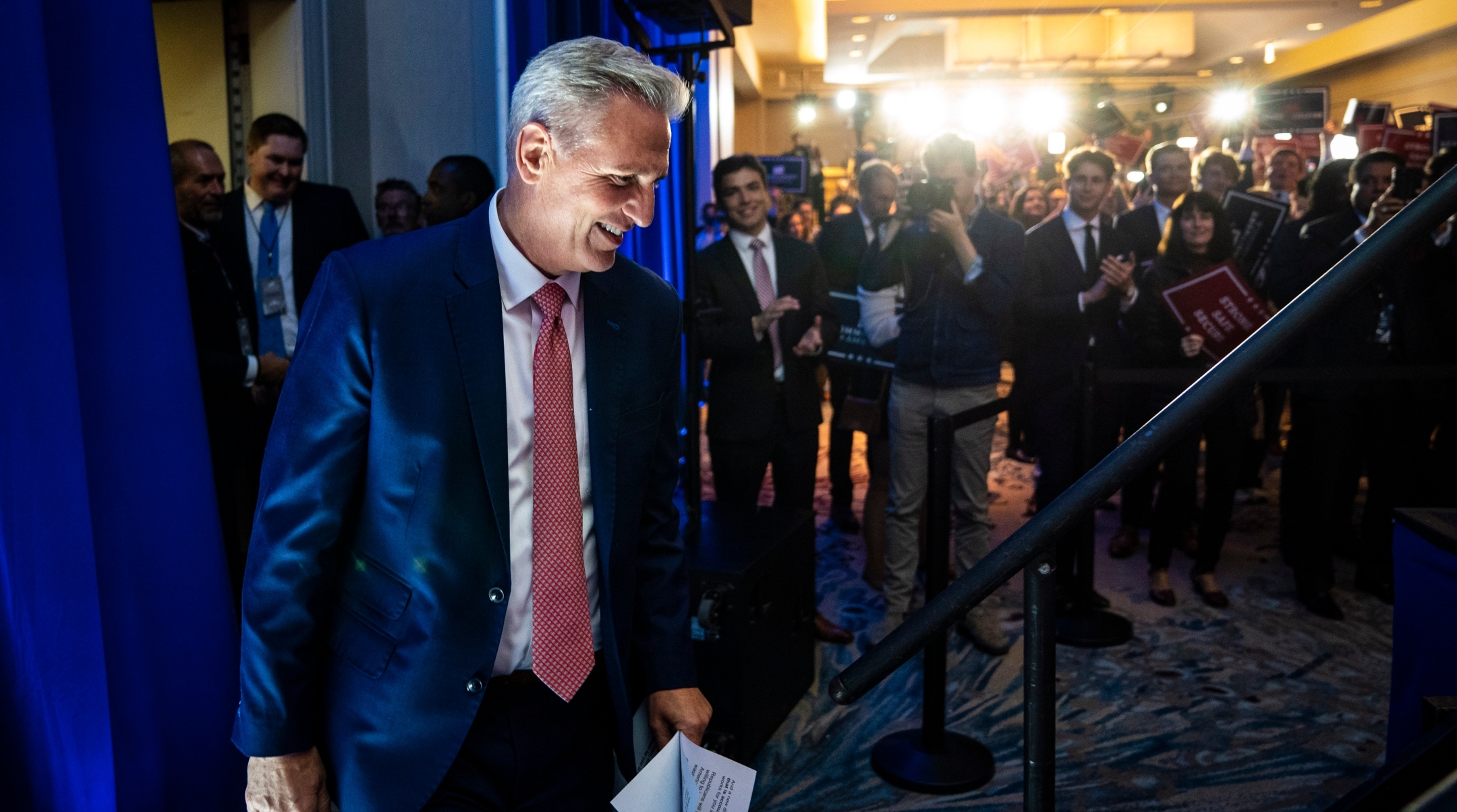 Kevin McCarthy of California walks out to give a speech on the results of the midterm election at the Westin Hotel in Washington, D.C, Nov. 9, 2022. (Jabin Botsford/The Washington Post via Getty Images)