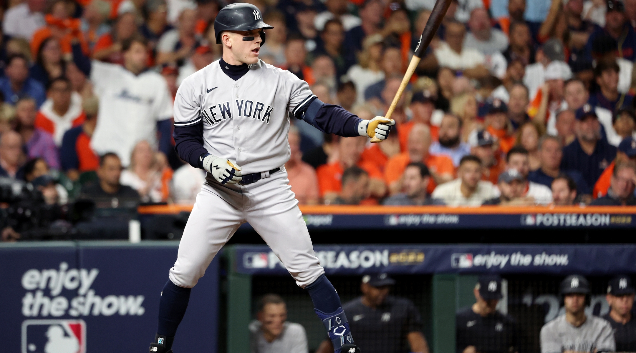 Harrison Bader bats during the American League Championship Series between the New York Yankees and the Houston Astros, Oct. 20, 2022. (Mary DeCicco/MLB Photos via Getty Images)