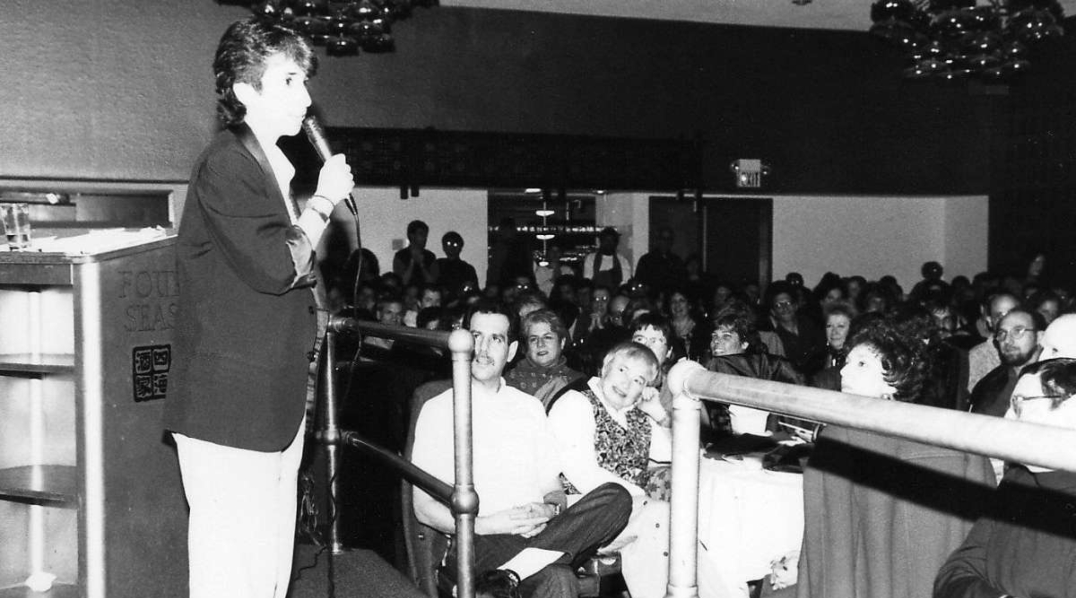 Lisa Geduldig shown onstage at the first annual Kung Pao Kosher Comedy show in San Francisco in 1993. (Courtesy of Lisa Geduldig)