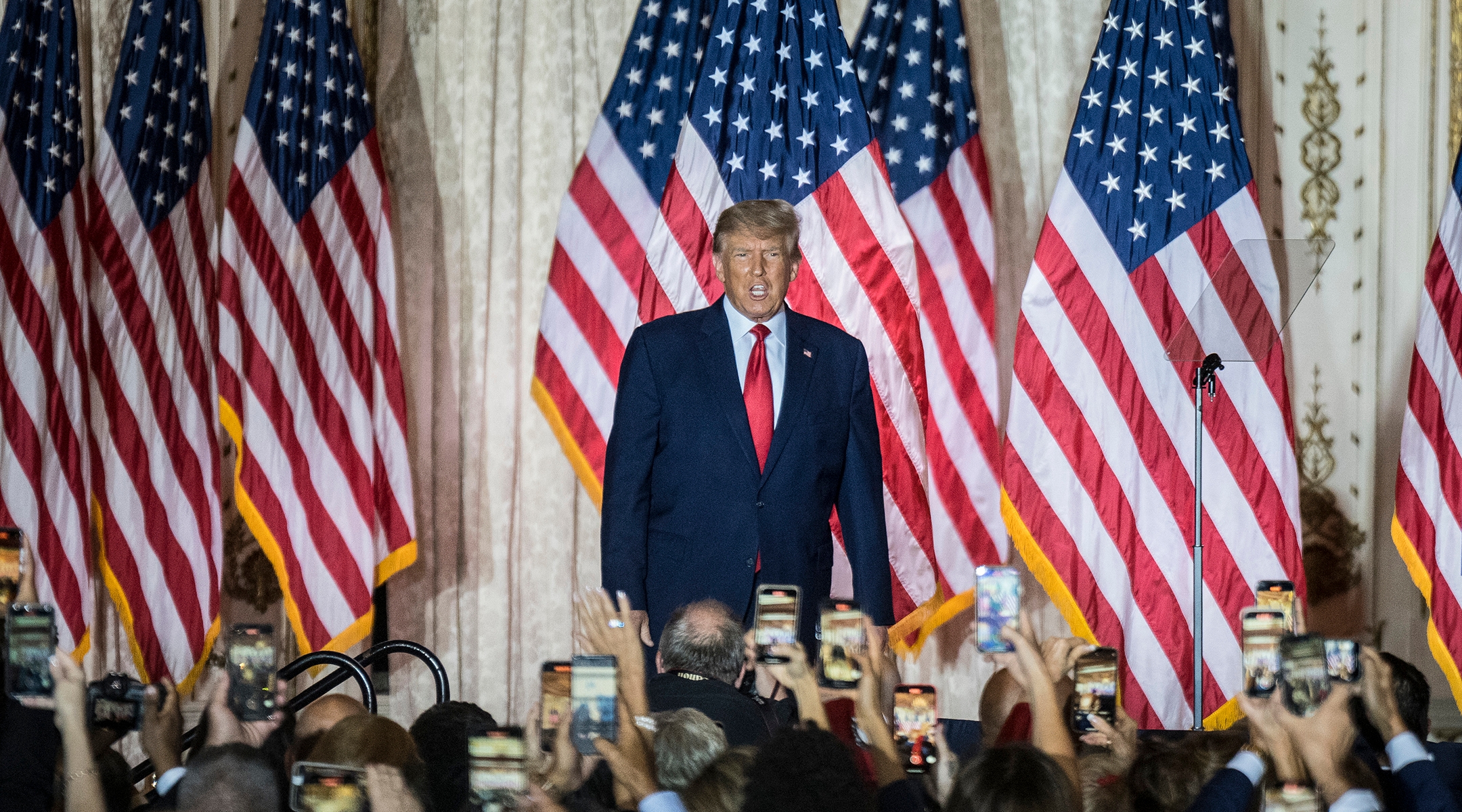 Donald Trump announces his bid for the presidency at Mar-a-Lago in Palm Beach, Fla., Nov. 15, 2022. (Thomas Simonetti for The Washington Post via Getty Images)