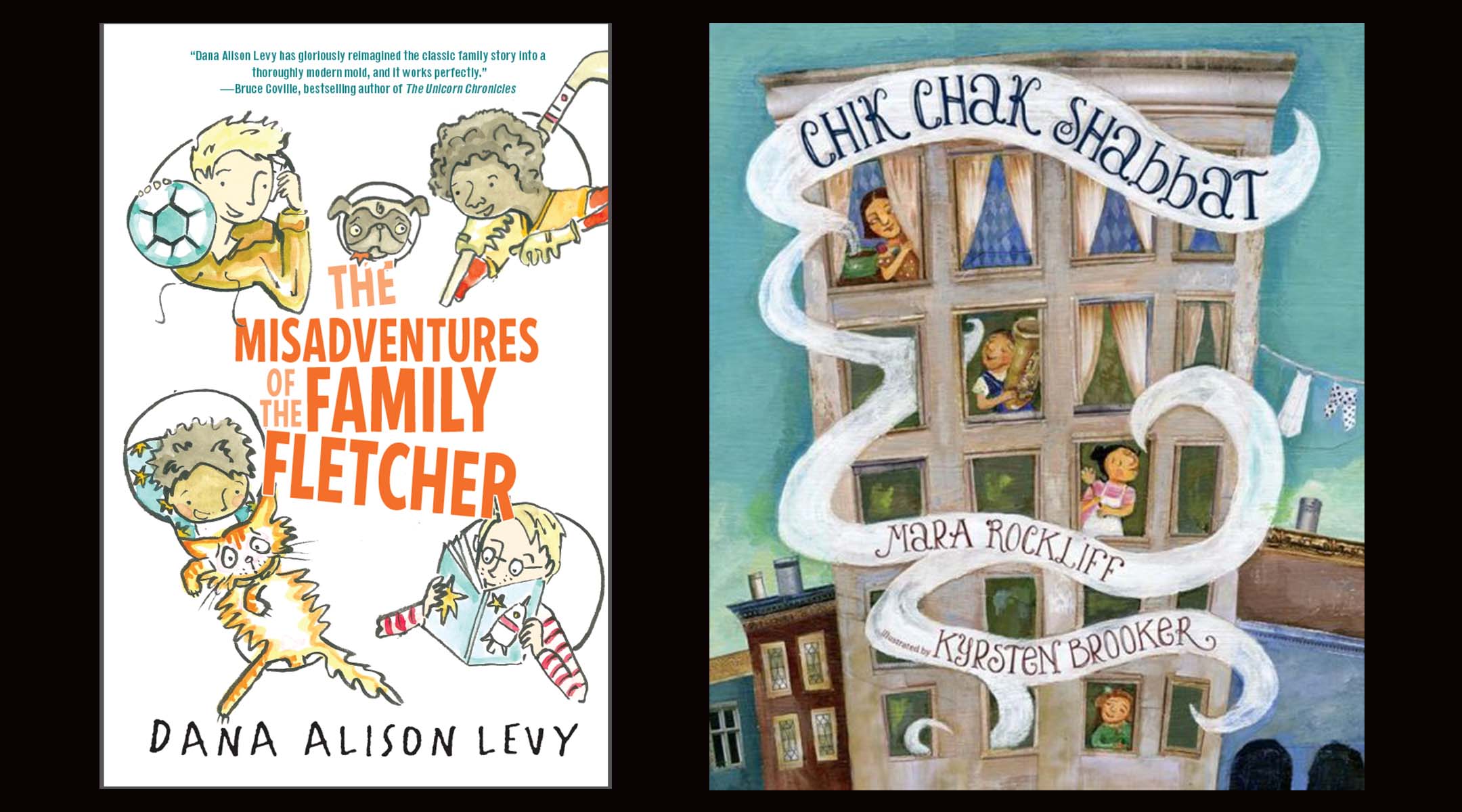 The covers for the Jewish books “Chik Chak Shabbat,” by Mara Rockliff, and “The Misadventures of the Family Fletcher,” by Dana Alison Levy. (Yearling/Candlewick Press)
