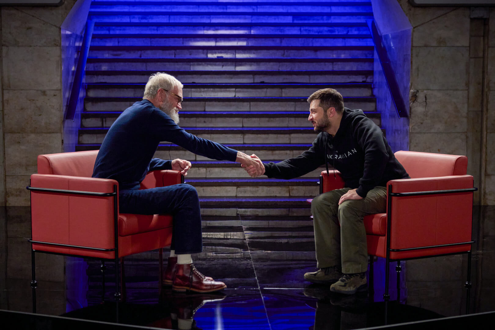 David Letterman and Volodymyr Zelenskyy, two comics who've come into gravitas, shake hands.