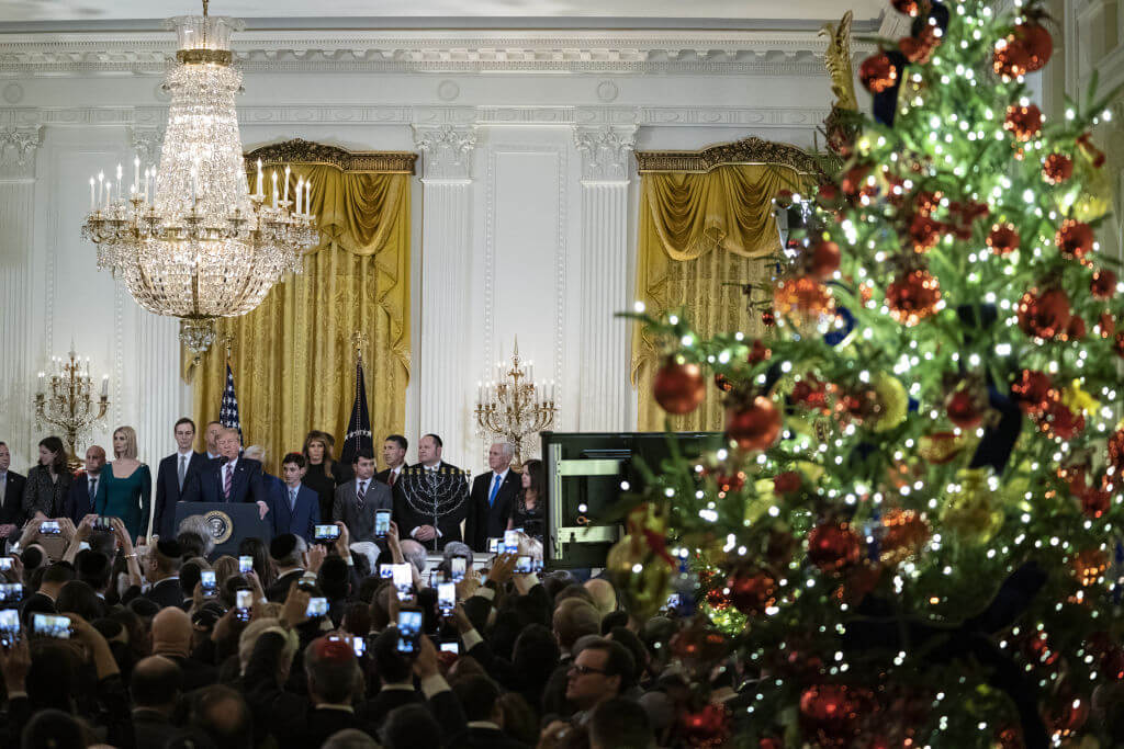President Donald Trump speaks at a Hanukkah reception at the White House in 2019. 