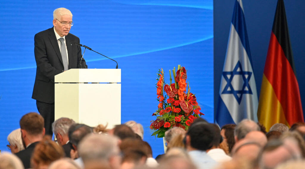 Josef Schuster, President of the Central Council of Jews in Germany, speaks during a ceremony to mark the 50th anniversary of an attack on the 1972 Munich Olympics.