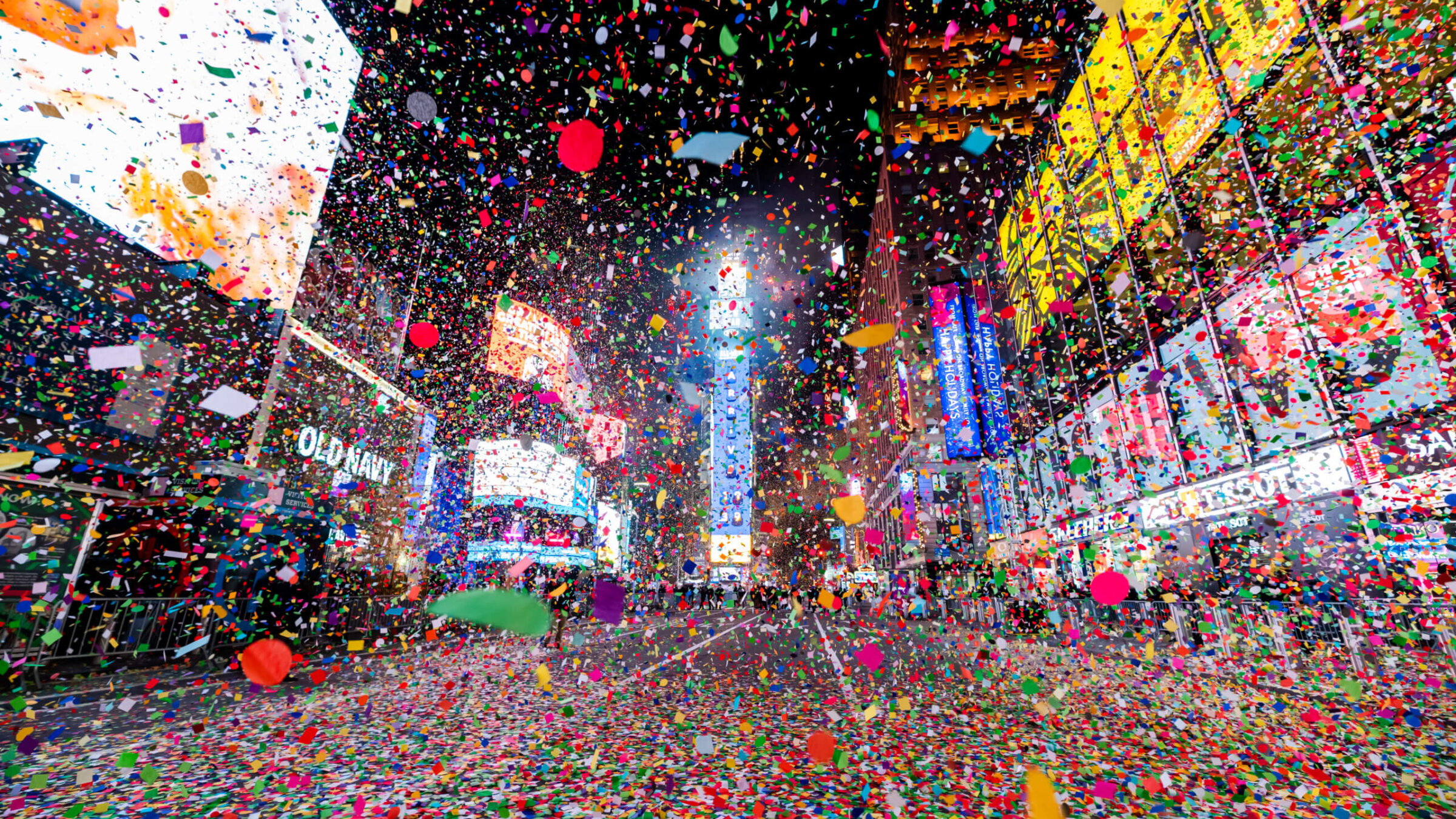 Fireworks and confetti in Times Square for New Year's Eve.