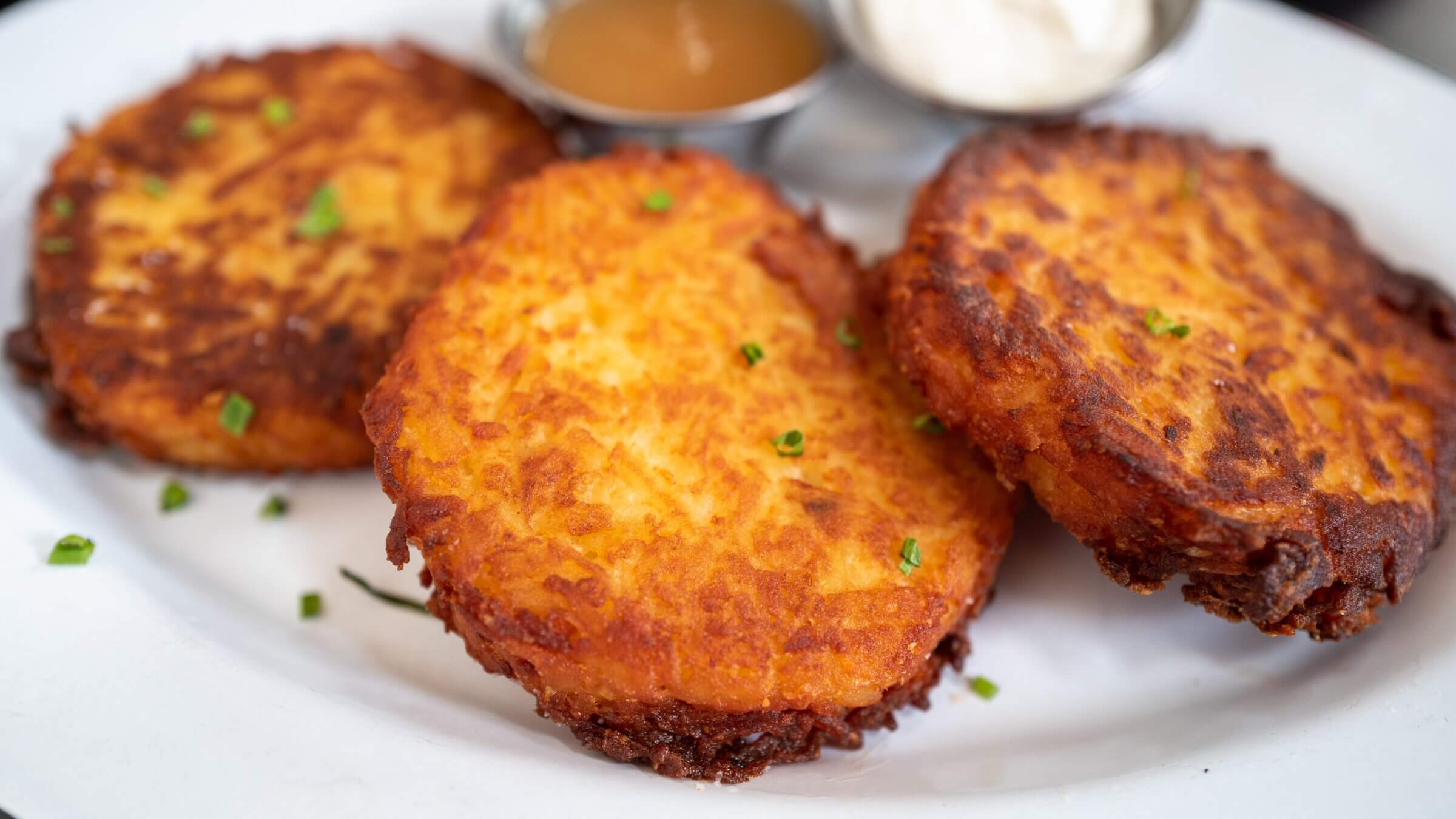 Potato latkes at Wise Sons deli at the Contemporary Jewish Museum in San Francisco.
