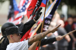 Members of the National Socialist Movement (NSM) rally near City Hall in Los Angeles in 2010.