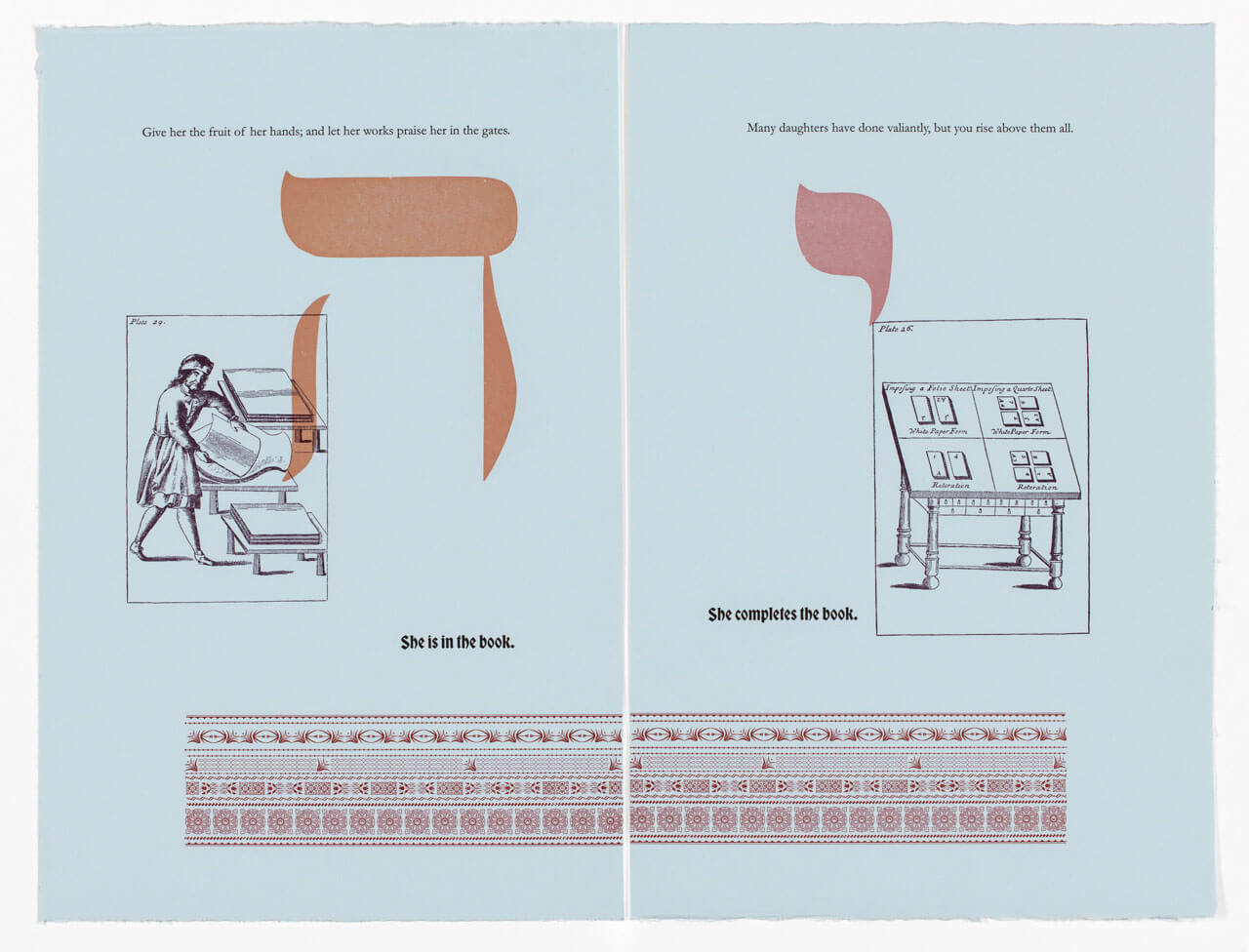 In <i>Handy Works,</i> Avadenka juxtaposes 12 verses from Proverbs with her own texts that tell the story of a hypothetical Jewish woman in the printing business.