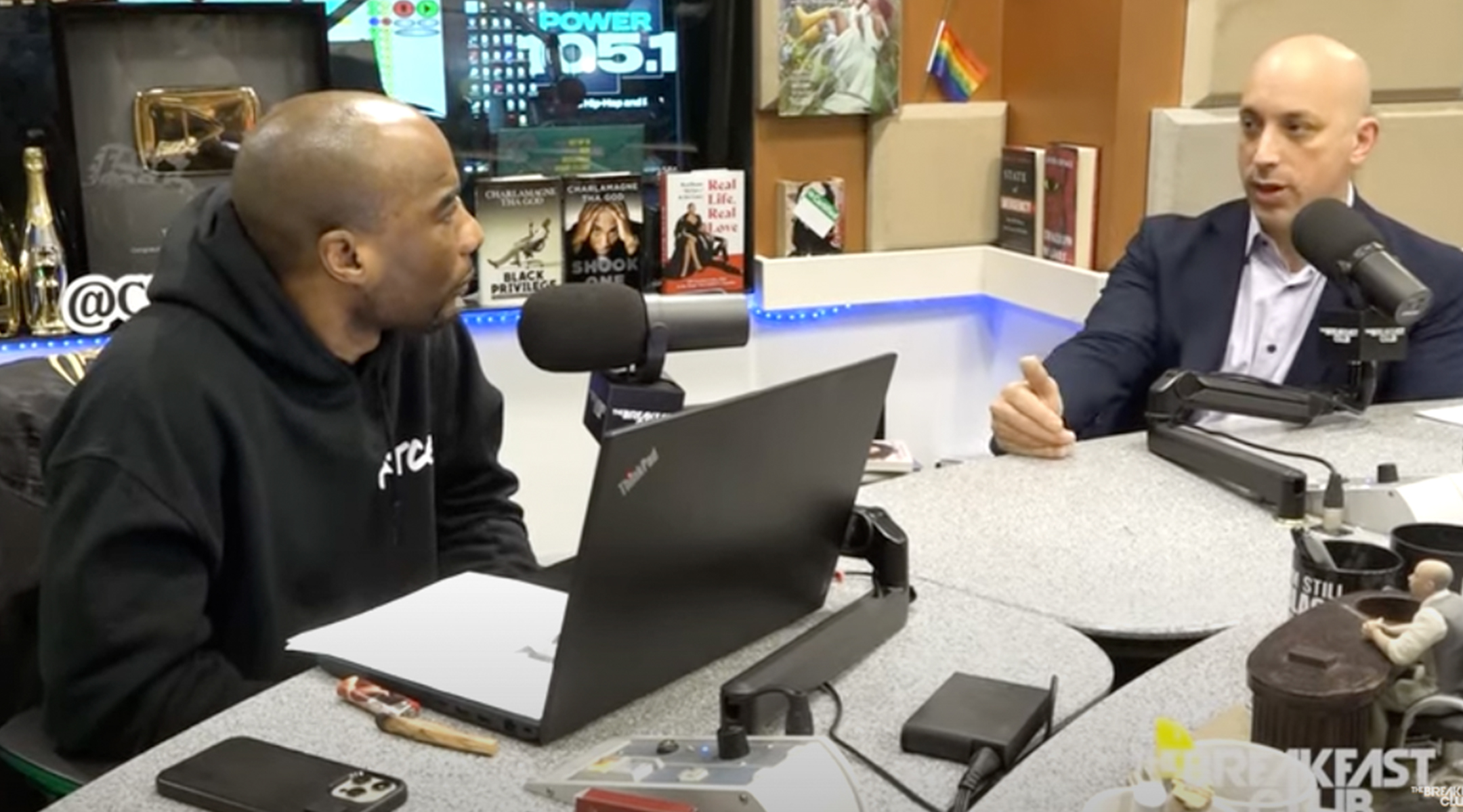 Anti Defamation League CEO Jonathan Greenblatt, right, made an appearance on The Breakfast Club, a radio show hosted by Charlamagne Tha God (left) and DJ Envy. (YouTube)