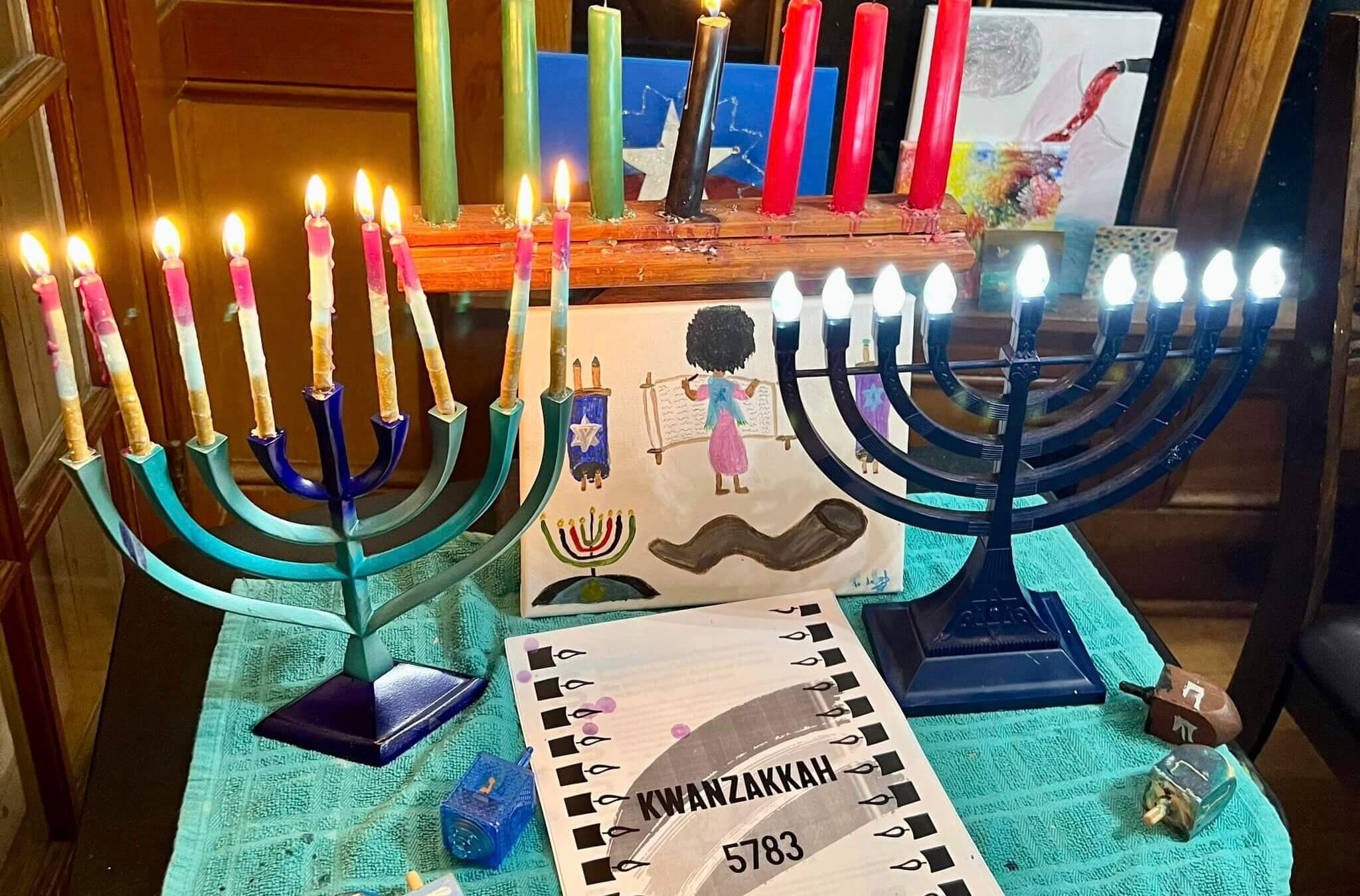 Menorahs, a kinara and a Kwanzakkah guide adorn the Atlanta home of Tarece Johnson-Morgan. Atlanta is one of several cities across the country where  Kwanzakkah celebrations will be held on Monday.