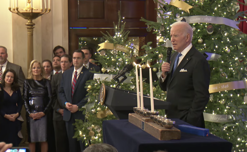 At White House Hanukkah reception, Biden urges political leaders to