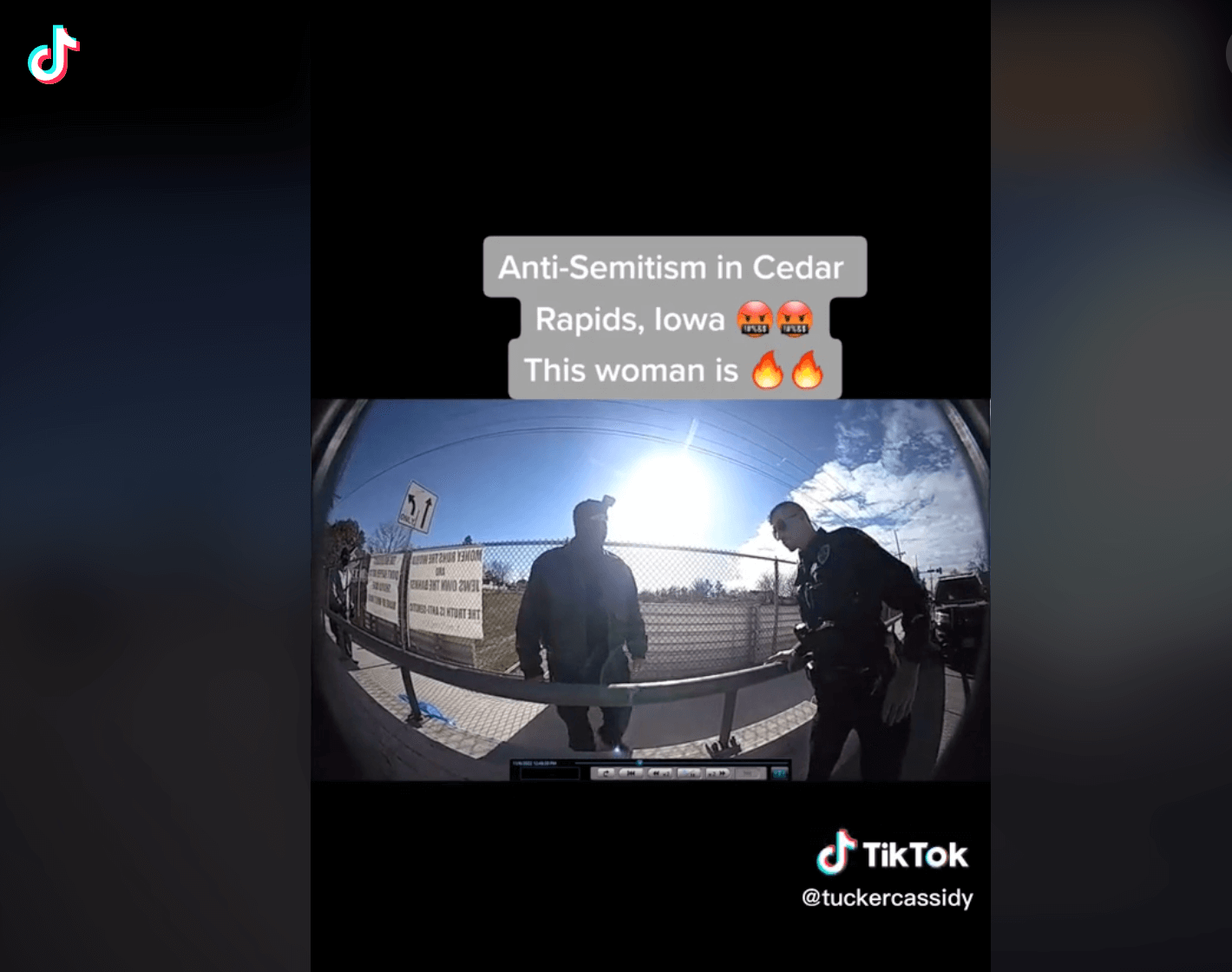 Police body camera footage of an incident involving men standing near antisemitic signs and a woman demanding they be taken down has gone viral on TikTok. 