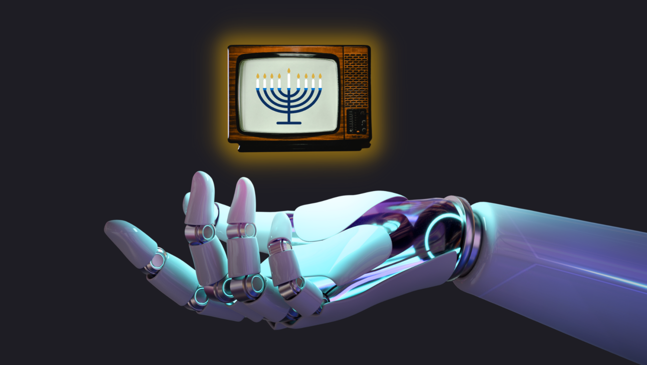 A robot hand holds a floating, glowing television set that displays a menorah.