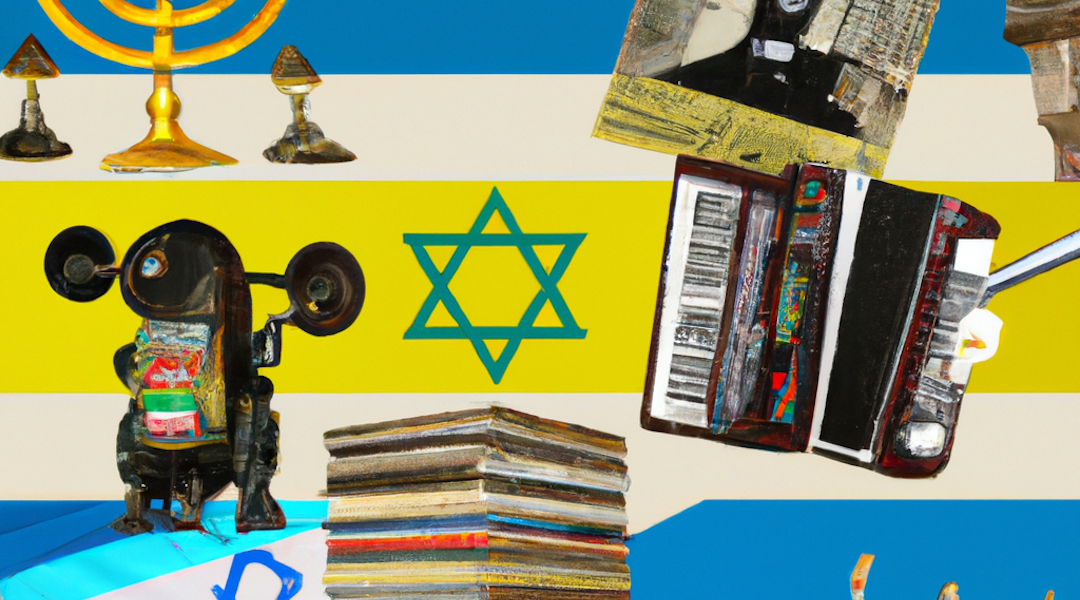 An image created by the AI site Dall-E for this article from the following prompt: “Collage featuring Jews, robots, books and Ukraine.” (JTA Illustration)