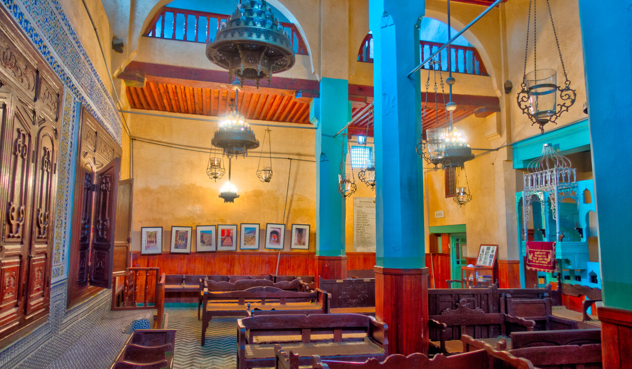 View of the interior of the Ibn Danan synagogue (Aben Danan synagogue) in the Jewish quarter of the Medina (old city) of Fez (Fes) in Morocco.