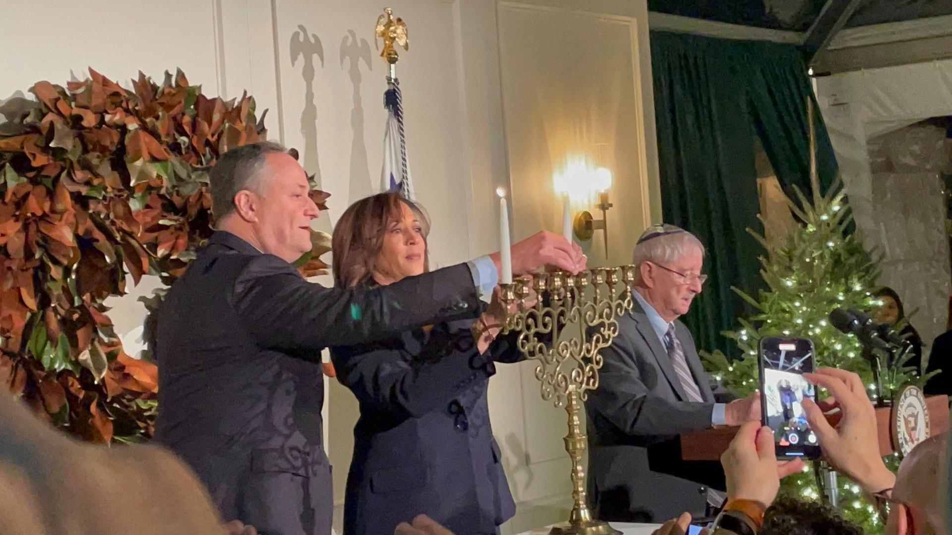 Vice President Kamala Harris and Second Gentleman Doug Emhoff hosted a Hanukkah reception Sunday at their official residence. The menorah they used was made in Eastern Europe around the late 19th century. (Jacob Kornbluh)