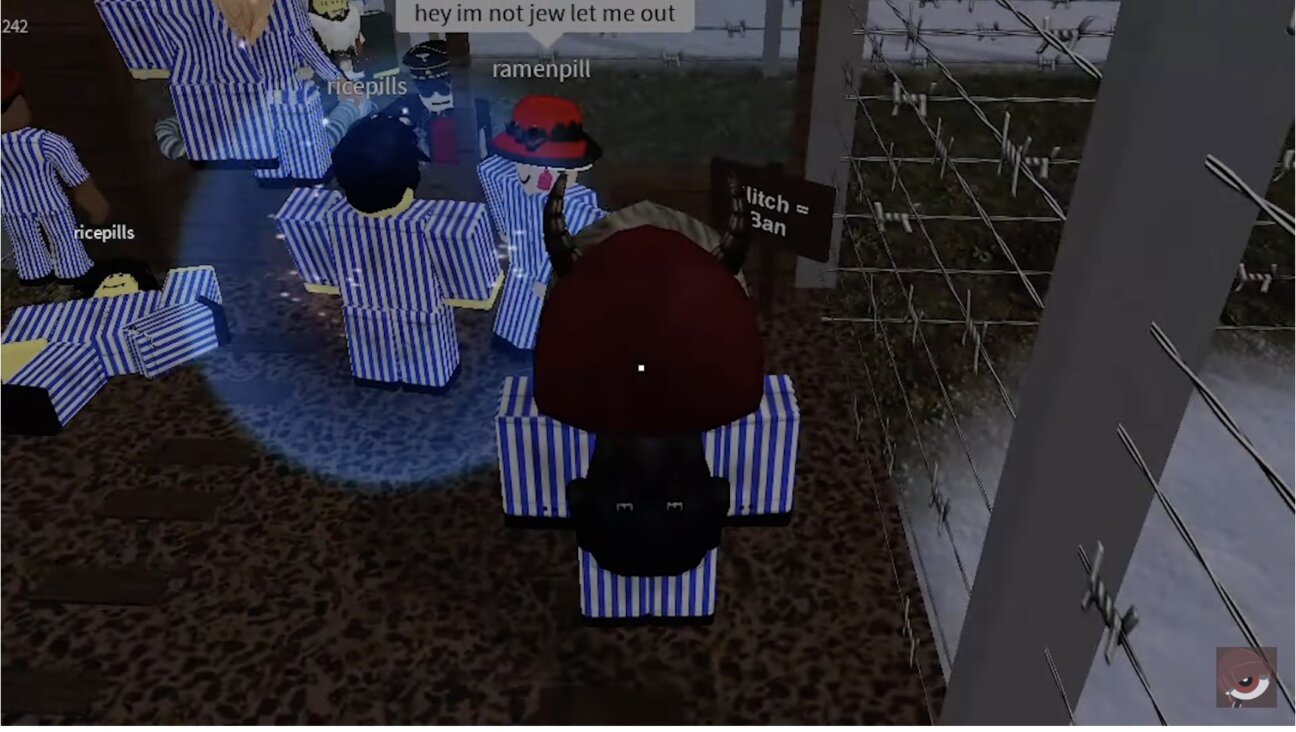 One user in a Roblox concentration camp game says "I'm not jew."