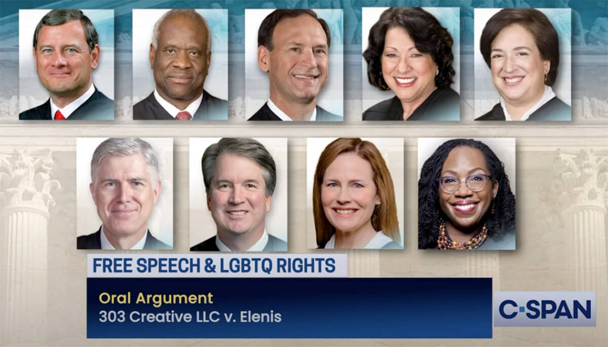 Justices on the U.S. Supreme Court hearing a case involving gay rights.