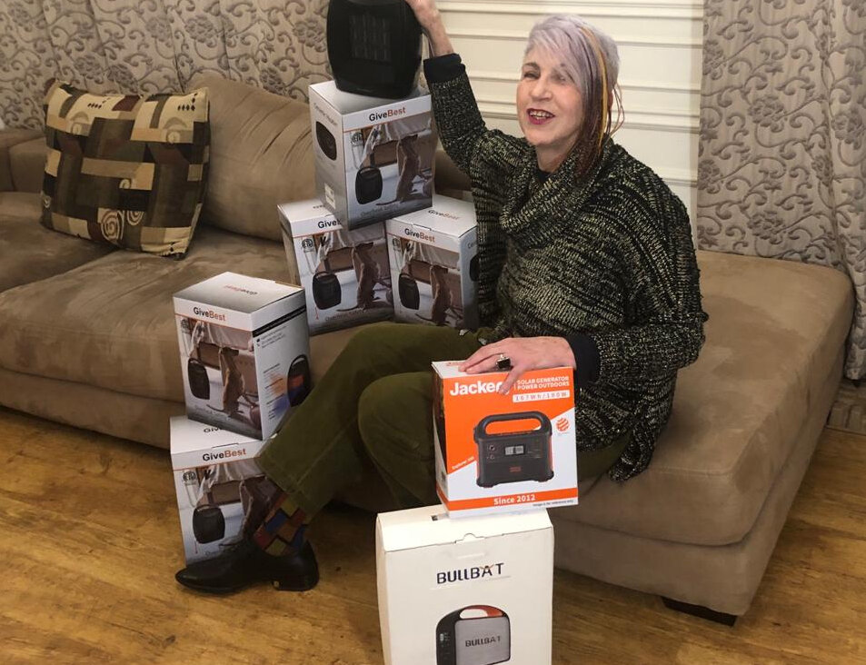 Helen Chervitz with some of the devices and appliances American Jews have donated to Ukrainians lacking heat and light.