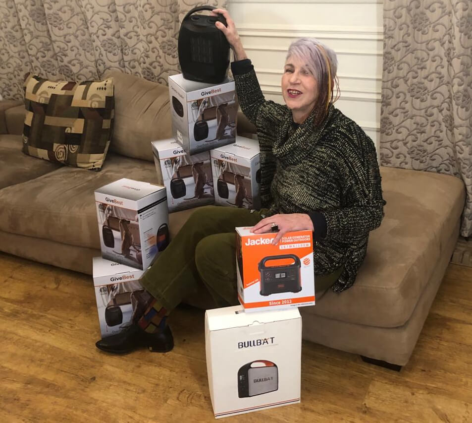 Helen Chervitz with some of the devices and appliances American Jews have donated to Ukrainians lacking heat and light.