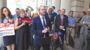 Naftuli Moster, executive director of the nonprofit advocacy group Yaffed, speaks at a news conference, July 24, 2019. (Yaffed)